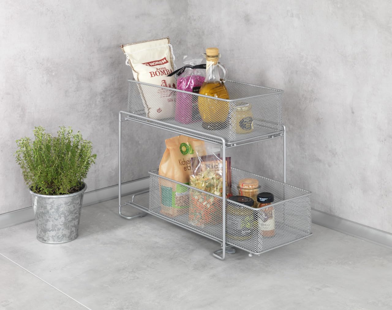 WENKO Schubladenregal Mod. Gioma, hochwertiger Organizer mit 2 Etagen und Korb-auszug für Küchenschrank oder Arbeitsplatte, Küchenregal aus pulverbeschichtetem Metall, 35 x 33,5 x 18,5 cm, Silber-Matt
