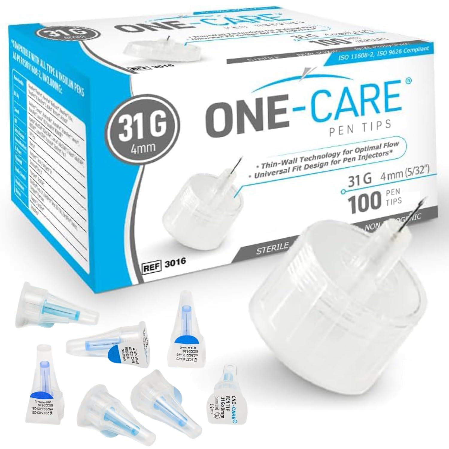 ONE-CARE Pen Tips 31G x 5/32’’ (4mm), Universal Fit, Optimal Skin-Contact for Comfort, Sterile, 100/bx