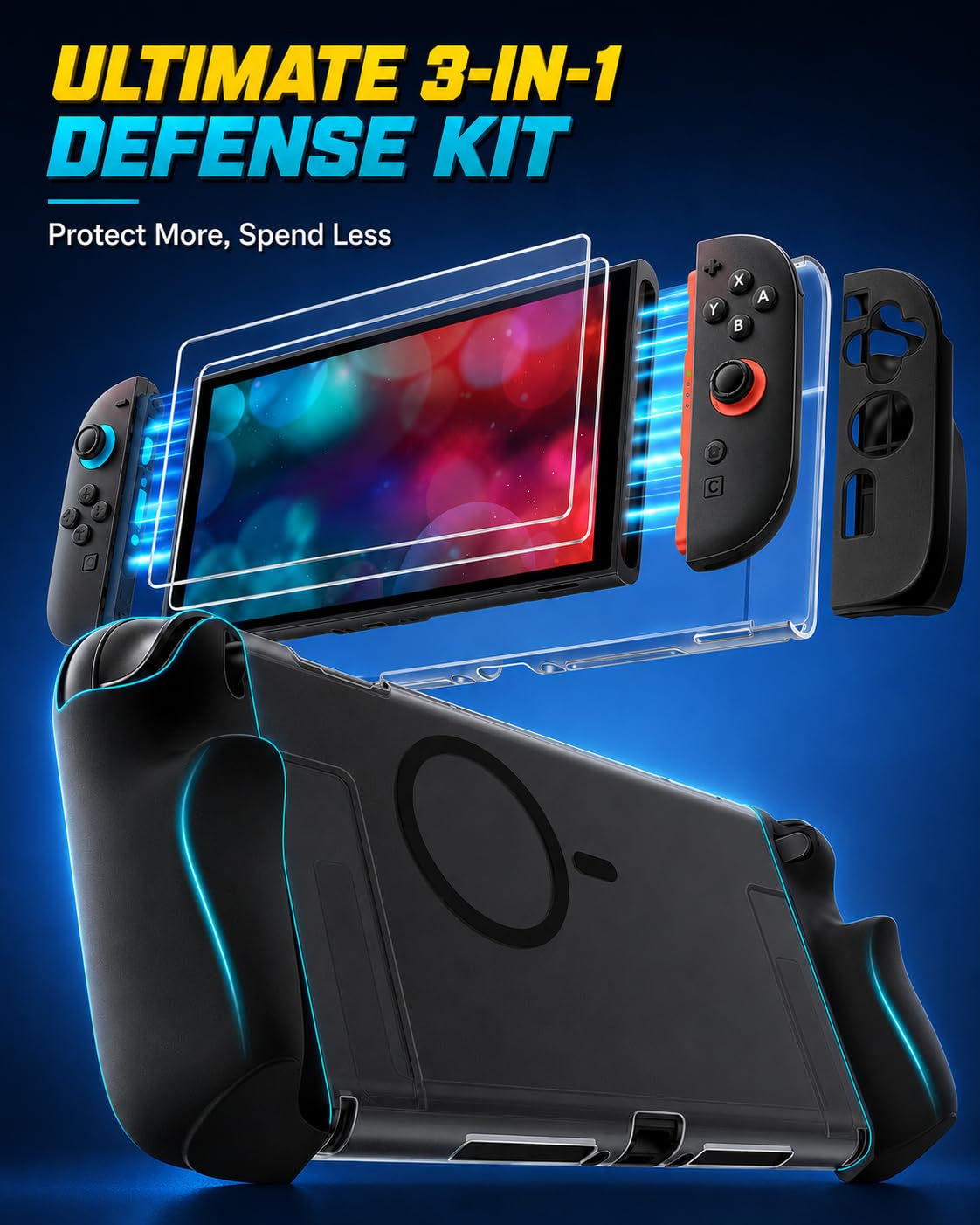 ivoler Carcasa Protectora para Nintendo Switch 2﻿, Funda Agarre Acoplable con Magnético, Grip Case y 2 Protectores de Pantalla - Translúcida