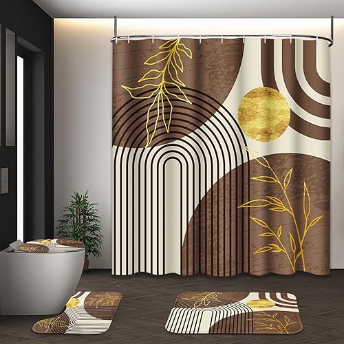 Miniatura 26 de Juego de Cortina de Ducha Boho de Mediados de Siglo con Tapa de Inodoro y Alfombras Antideslizantes, Verde Abstracto 4 Piezas Cortina de Ducha Boho