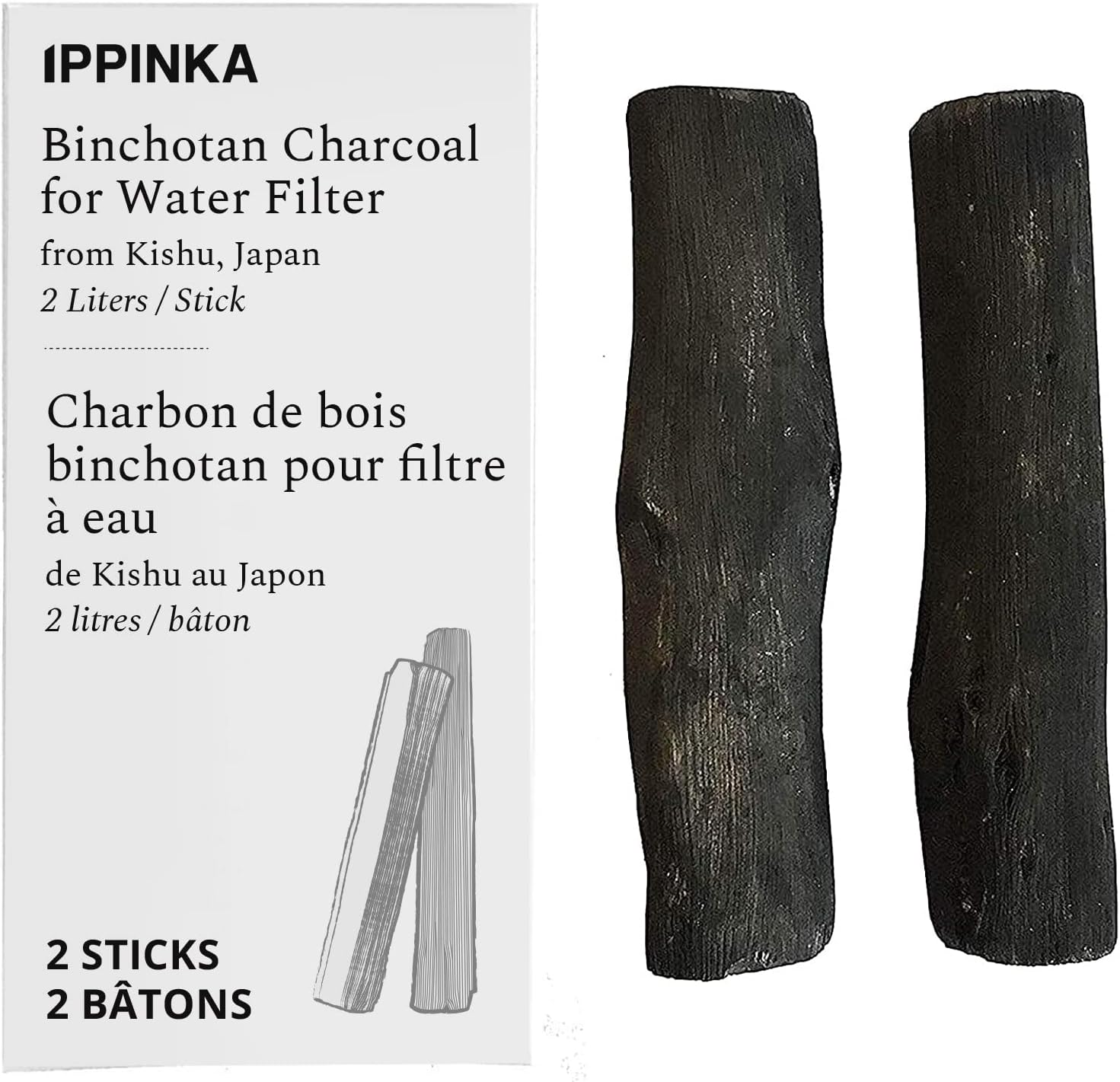 Binchotan Charcoal - Water Purifying Sticks for Great-Tasting Water from Kishu, Japan - Each Stick Filters up to 2 Liters of Water - 2 Sticks
