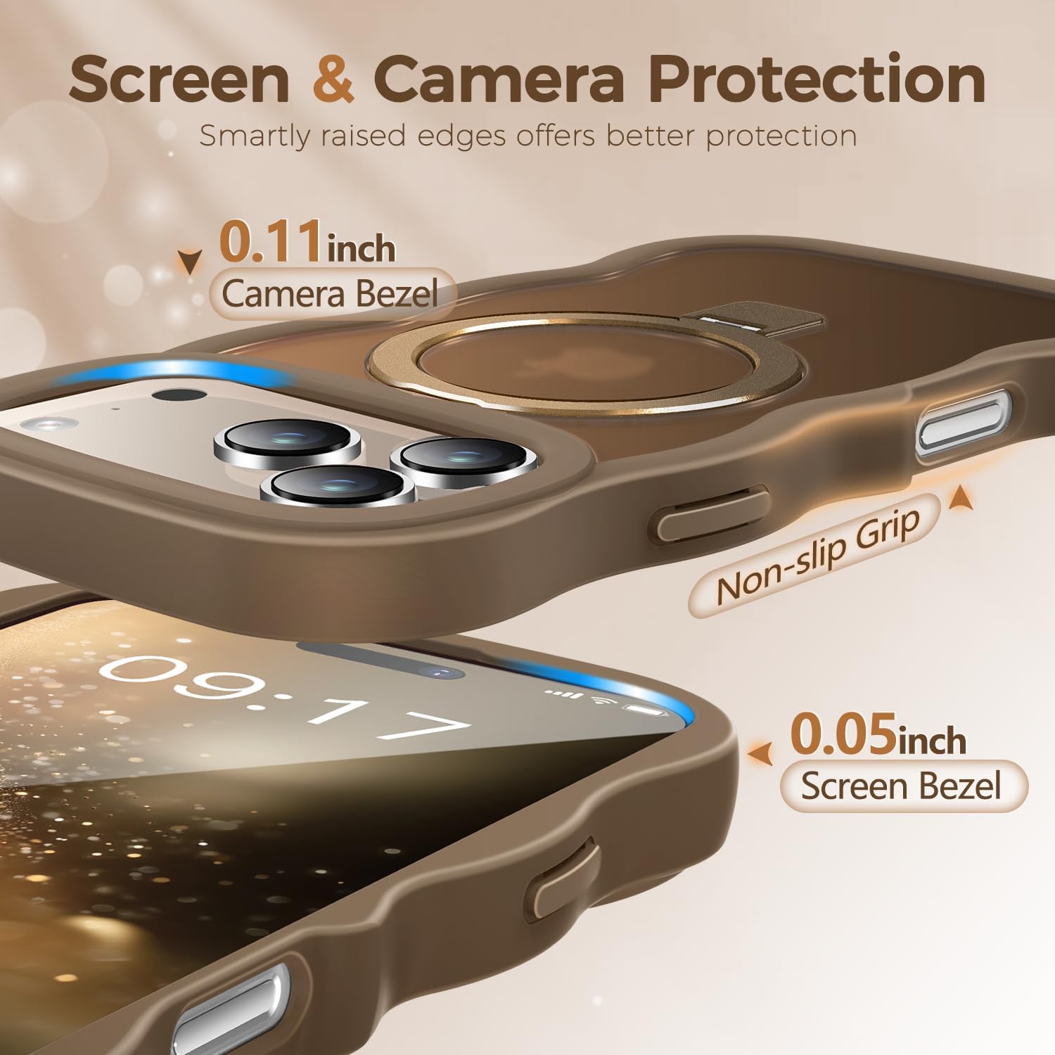 [Wave Frame+Mag Stand] Designed for iPhone 17 Pro Max Case, [Fit for MagSafe] Translucent Silicone Protective Magnetic Ring Phone Case Cover for 17 Promax 6.9 inch Men Women, Desert Titanium - Image 4