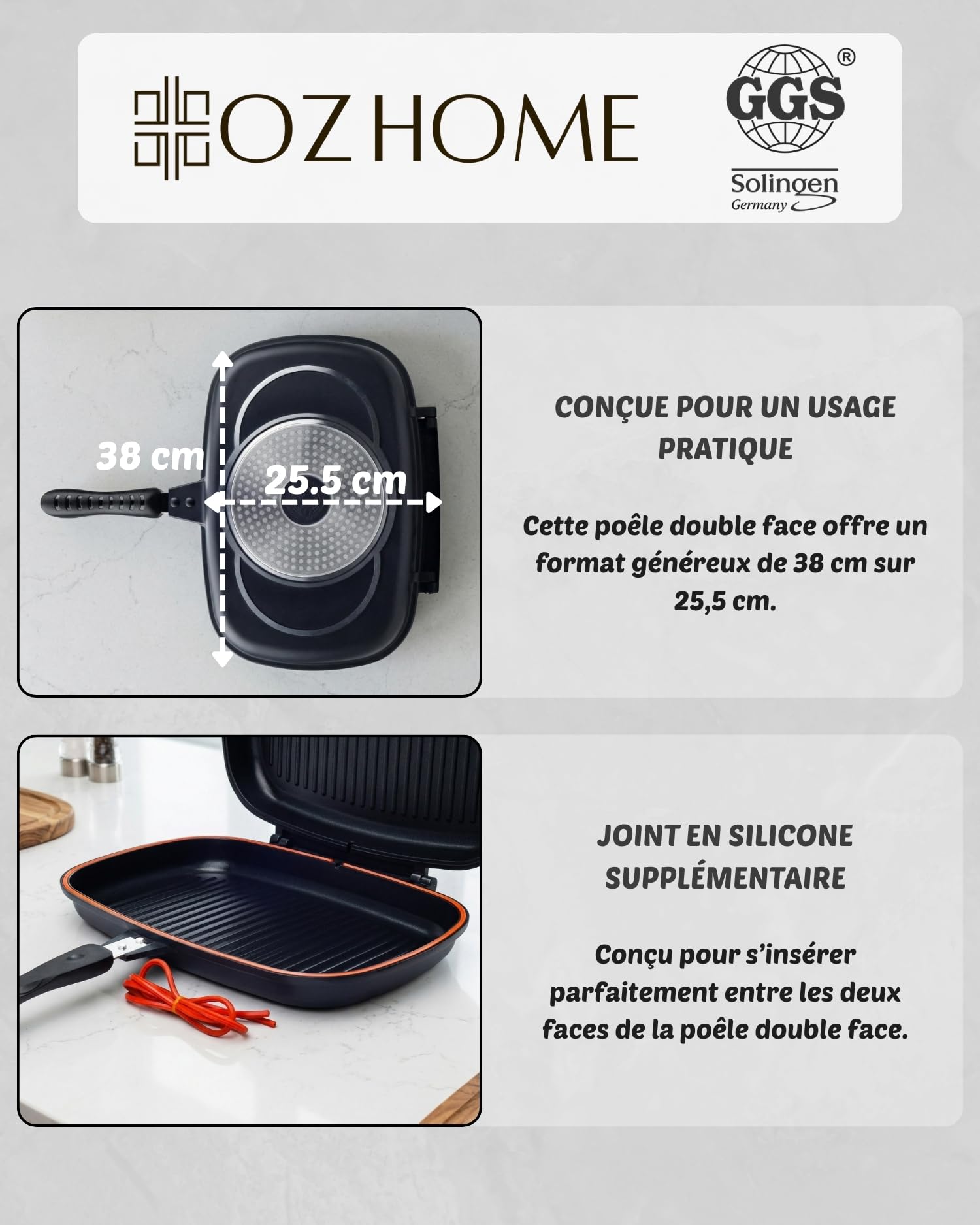 GGS Colection Poele Grill Et Poisson Double Face 38x25.5cm - Poele Grill Induction Et Tout À Feux, Poele Anti Adhesive en PTFE- Poele A Griller Avec Fermeture Magnétique & 2 Bandes D’étanchéité