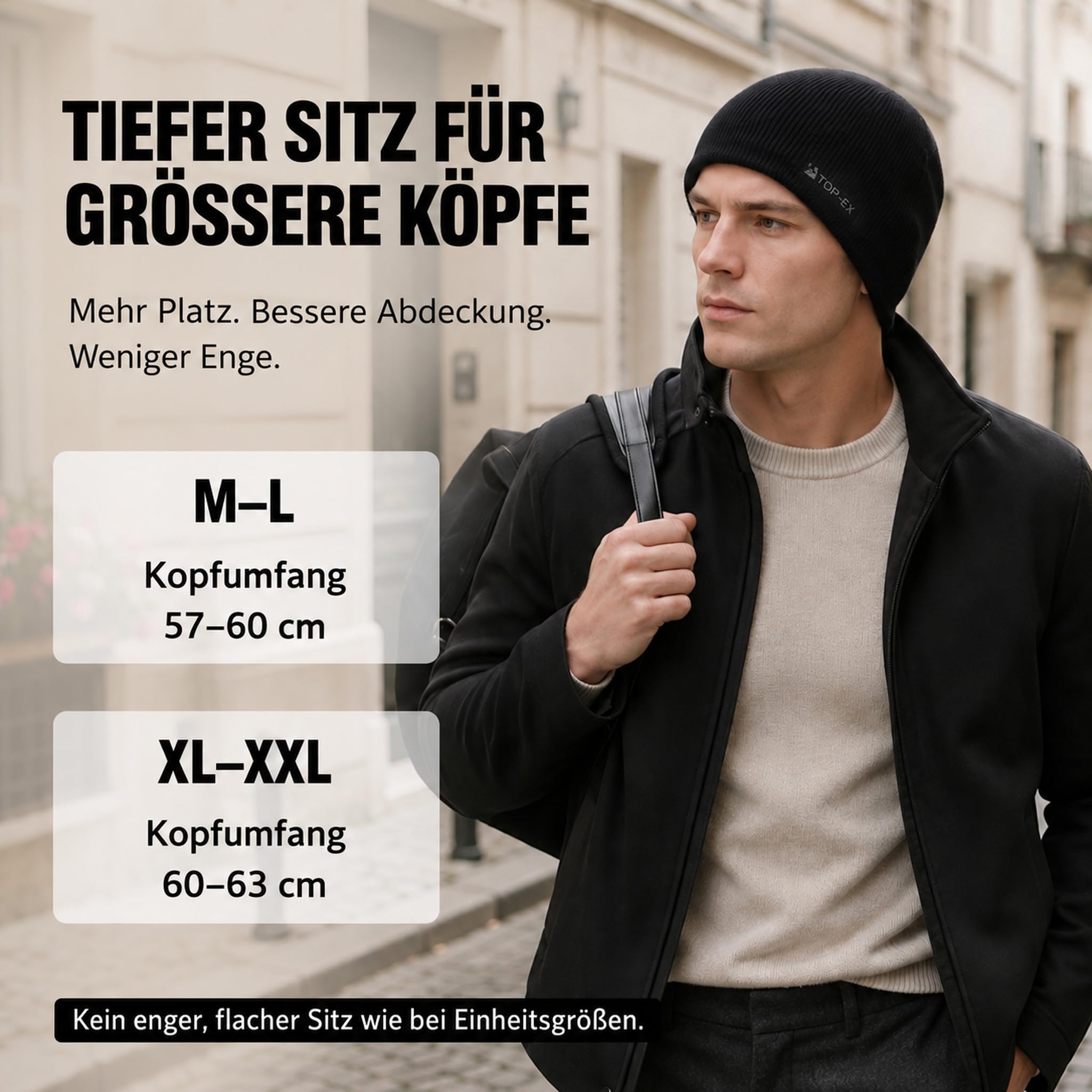 TOP-EX 100% Merinowolle Beanie mit Polartec-Fleece, große Größen
