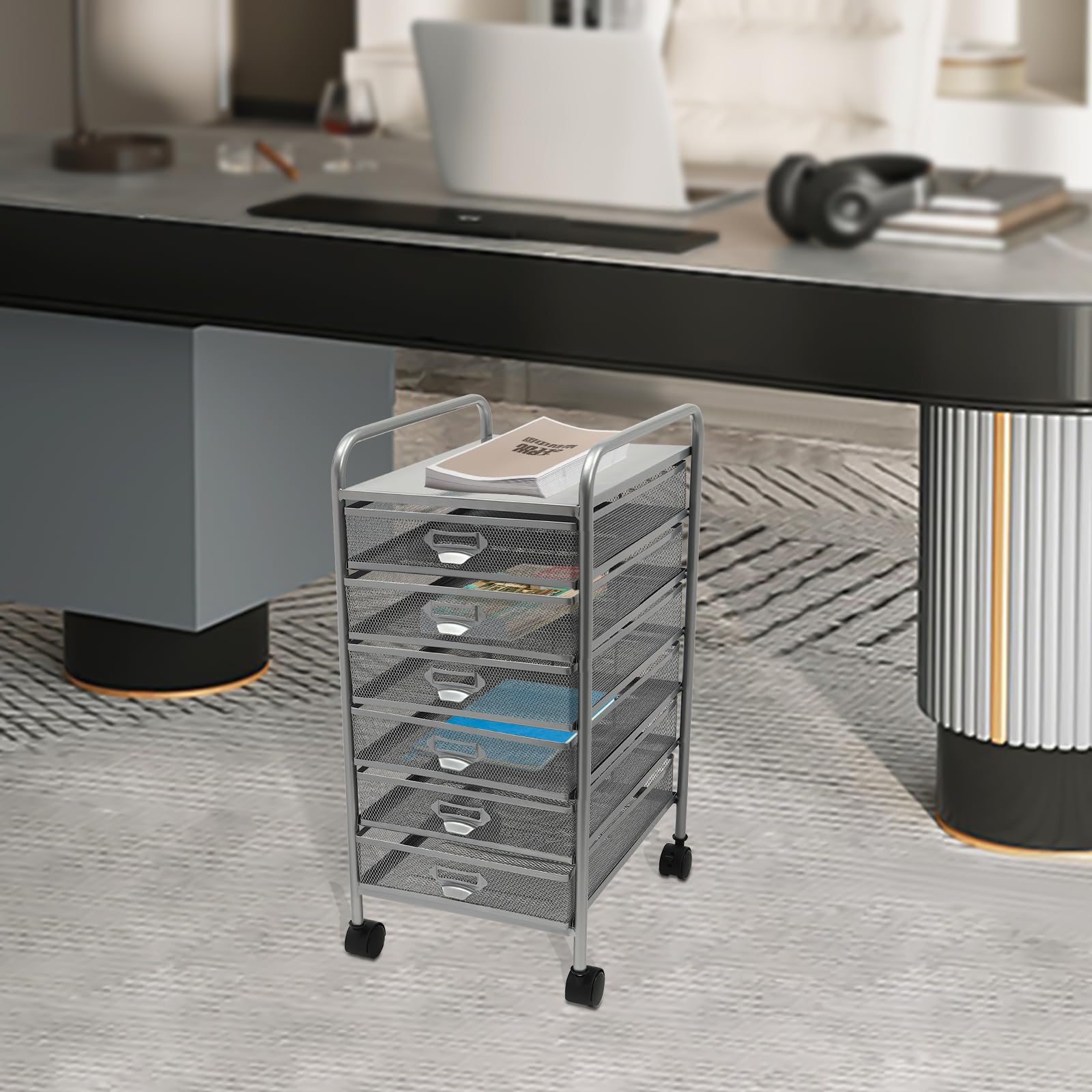 Archivador rodante con 5 o 6 cajones, Organizador de Manualidades con Ruedas, Almacenamiento Delgado para Maquillaje y Utensilios de Cocina (Plateado, 6 Niveles)