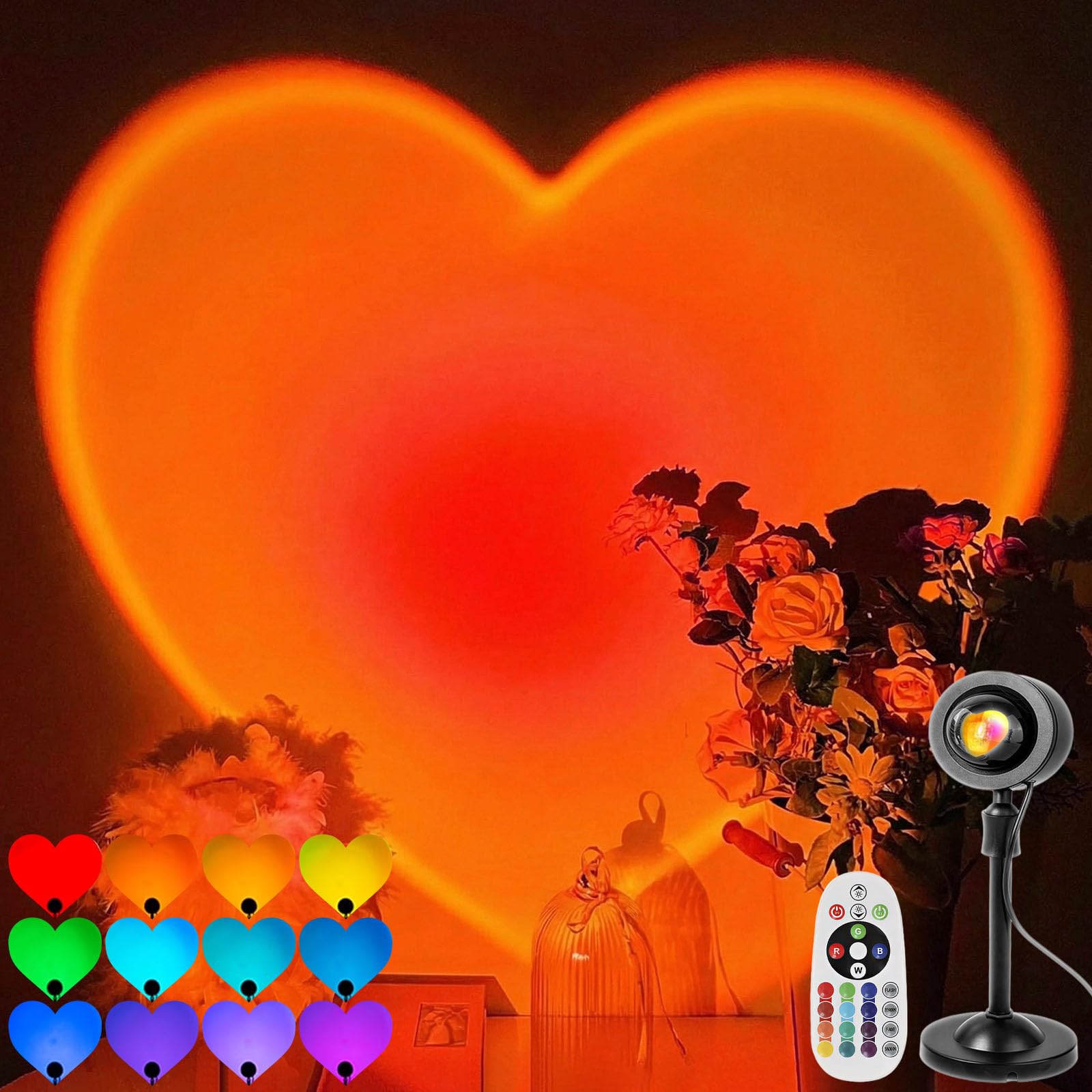 Sunset Projector Lights, 16 Color Changing Heart Projection Lamp with Remote, Valentine's Day Novelty Indoor Lamps, USB Powered Romantic Night Light for Valentine's Holiday Party (Colorful Heart)