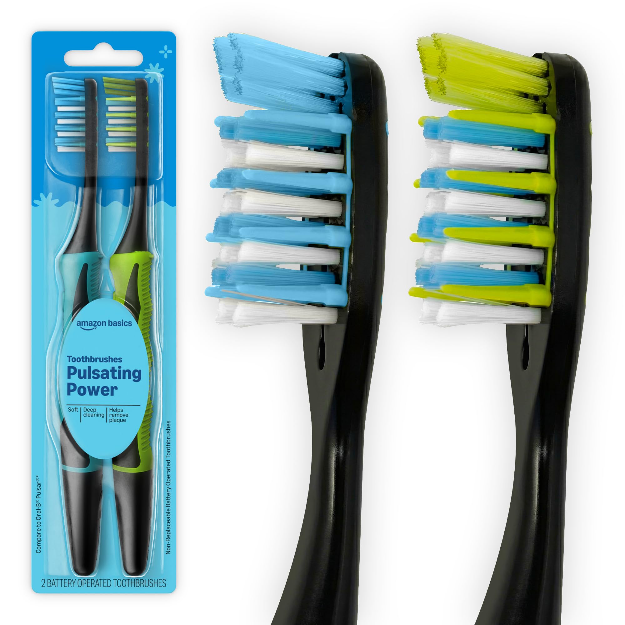 Amazon Basics Soft Toothbrushes for Adults - Pulsating Deep Cleaning with Soft Bristles, 2 Count, Assorted Colors, Packaging May Vary