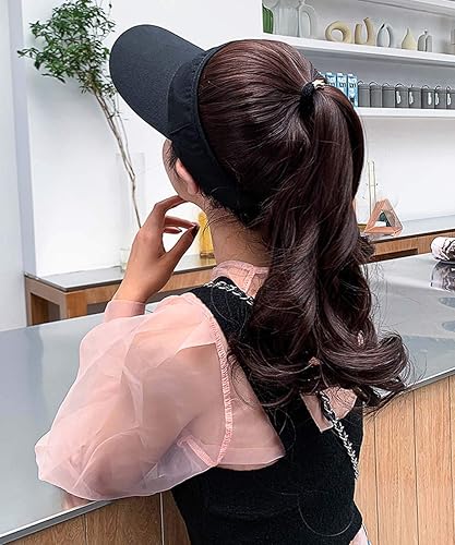 Miniatura 2 de YEKEYI Sombrero para exteriores, peluca con pelo de cola de caballo, gorra de béisbol con cabello marrón, negro, ondulado, para mujer