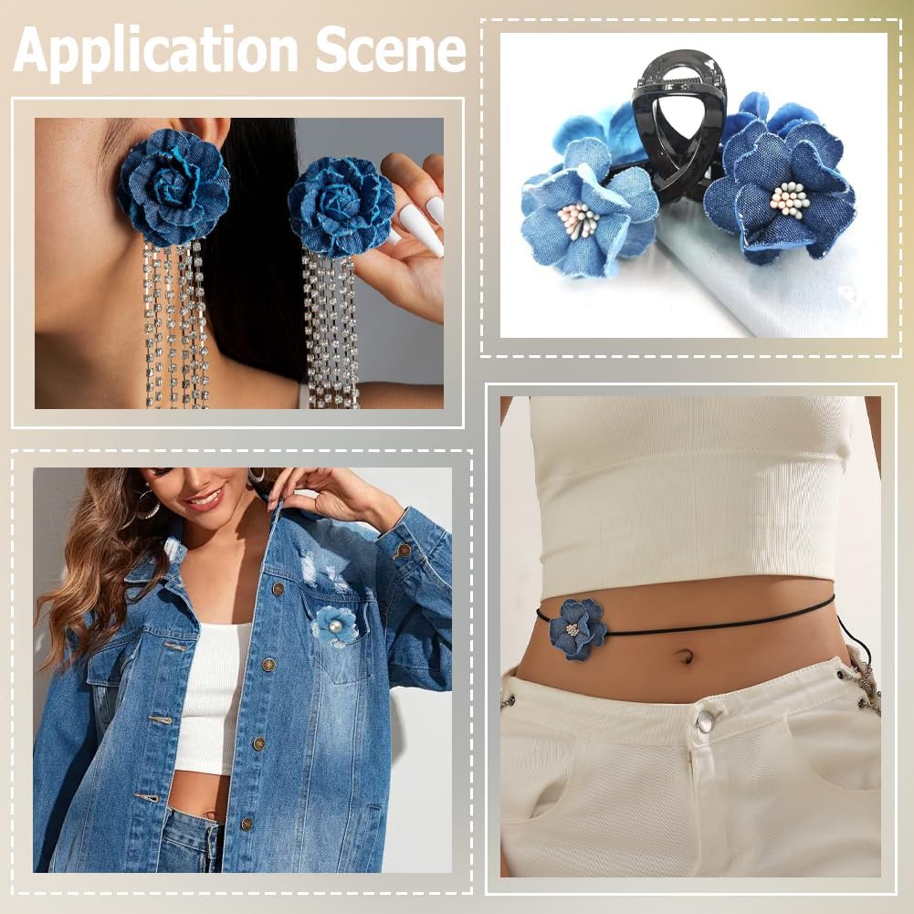 6Pcs 6 Styles Denim Fabric Flowers Sew On Vintage Layered 3D Floral Shaped Cloth Patches Decorative Pearls Appliques Bulk for Sewing Making Jewelry Clothing Accessories Hats Dress DIY Craft image 5