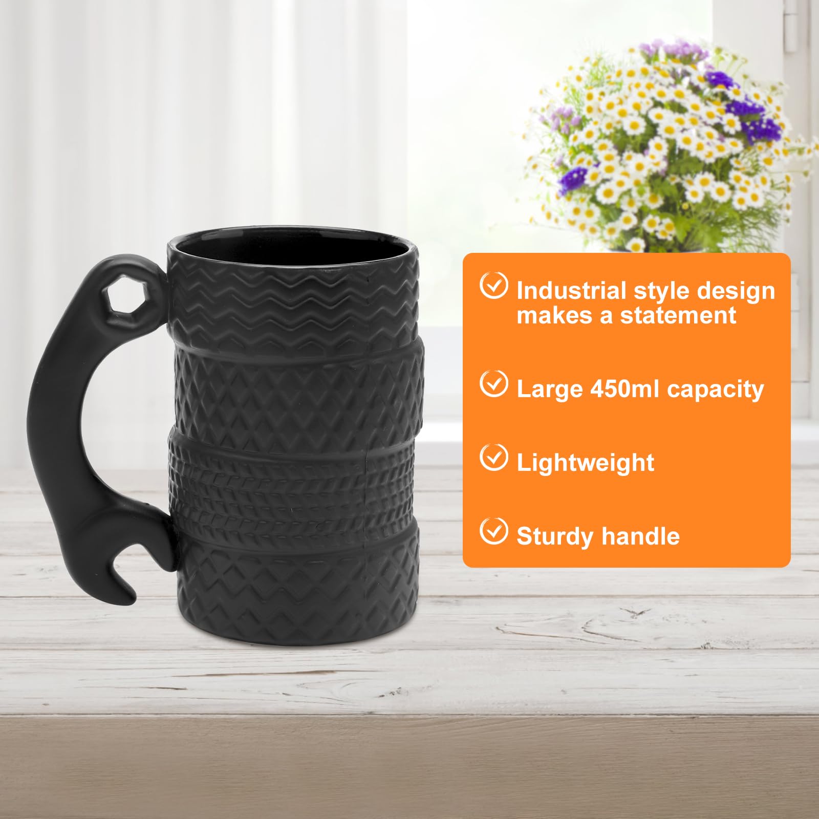 Filiżanka do opon o dużej pojemności 450 ml, ceramiczna z łyżeczką, kubek do opon 3D, duży kubek samochodowy z uchwytem, filiżanki do kawy do biura, domu, dla kierowców, mechaników, dla