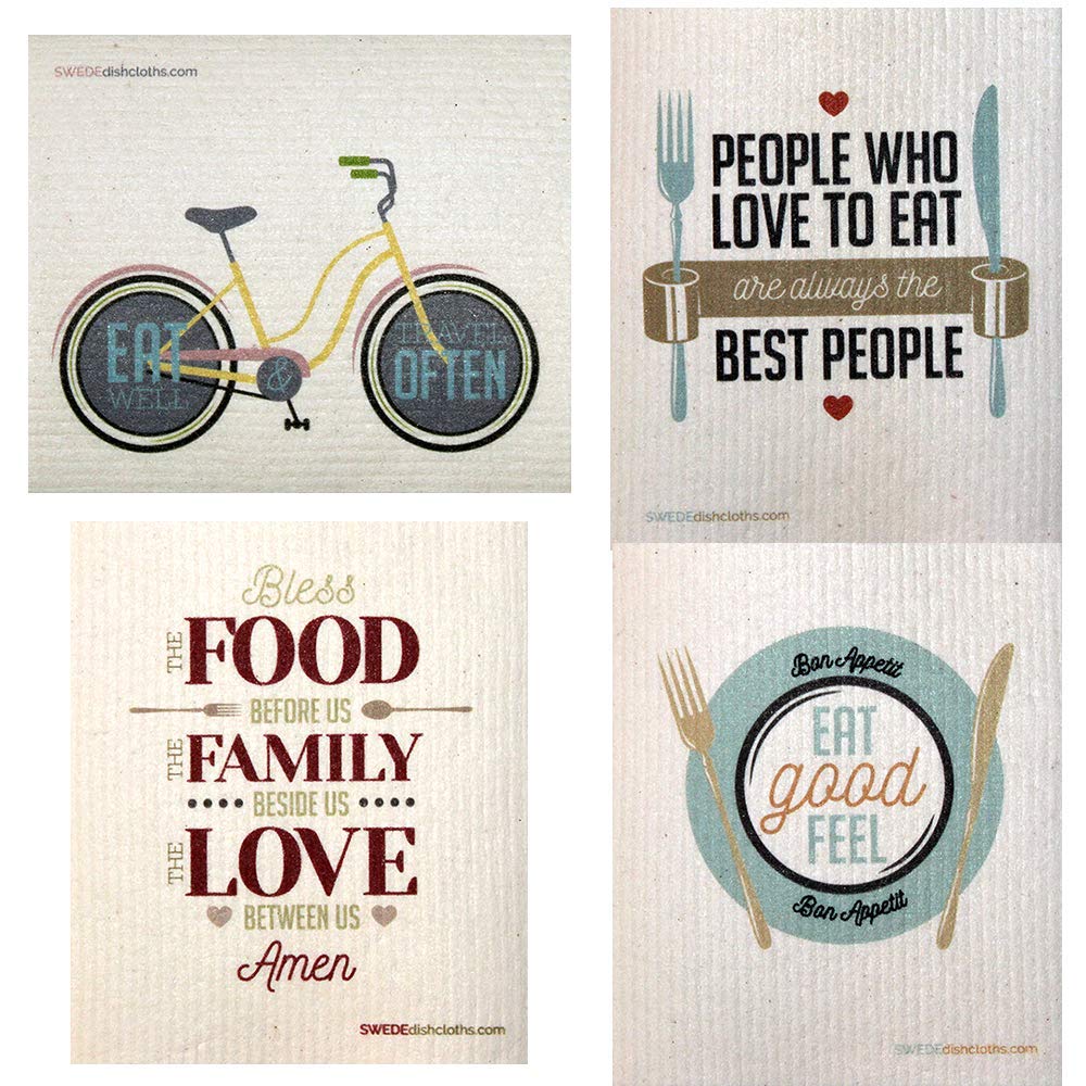 Food Sayings Set of 4 Cloths one of Each Design Swedish Dishcloths ECO Friendly Absorbent Cleaning Cloth Reusable