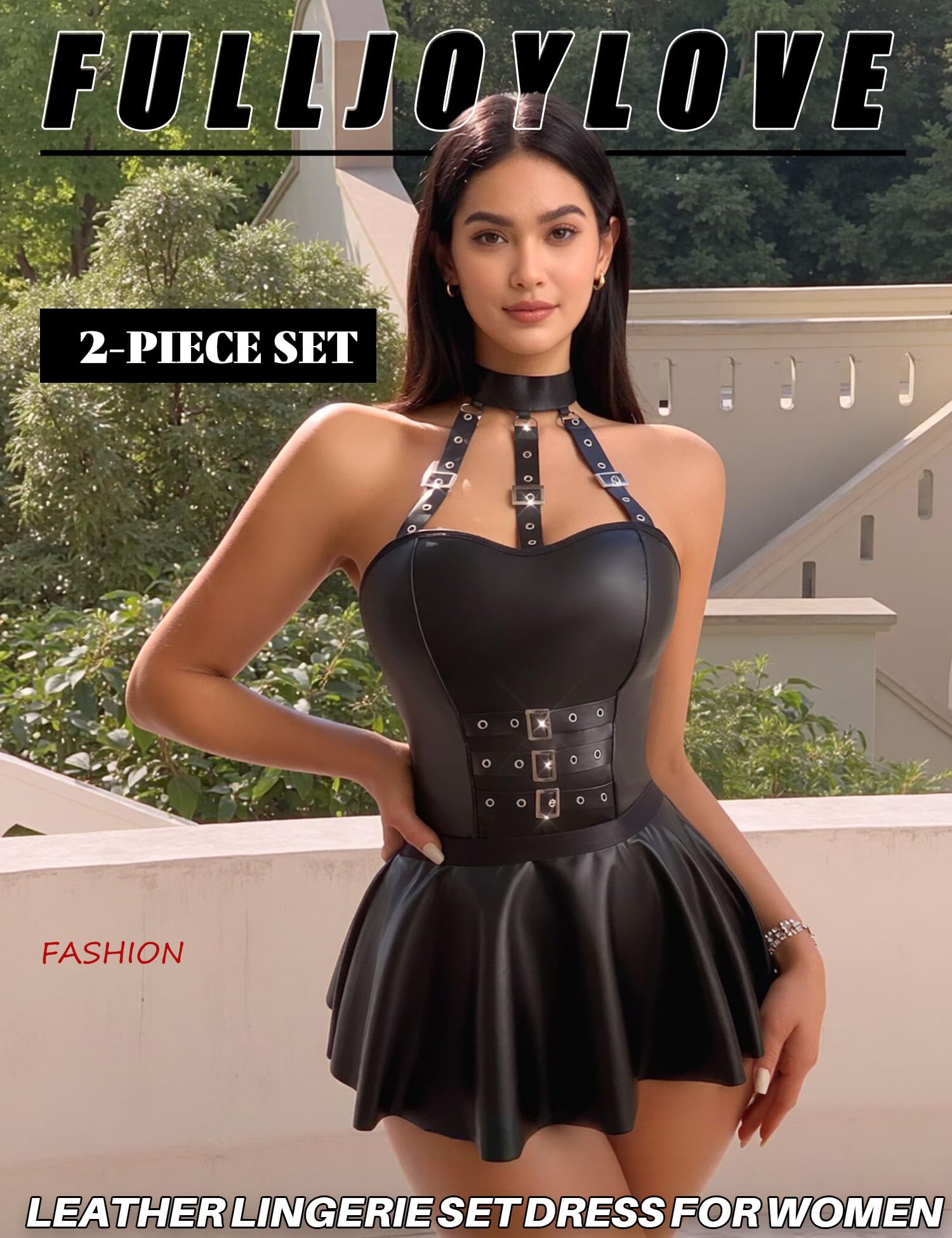 Vestido de piel sintética para mujer, talla grande, con tanga, piel sintética, cuello en V, sin espalda, babydoll Chemise con lencería gótica