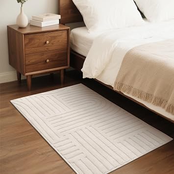 SHACOS Soft Cozy Fluffy Arch Pattern High-Low Pile Small Rug 2x3 Non Slip Washable Textured Minimalist Area Rugs Modern Geometric Carpet for Bedroom Bathroom Kitchen, Beige