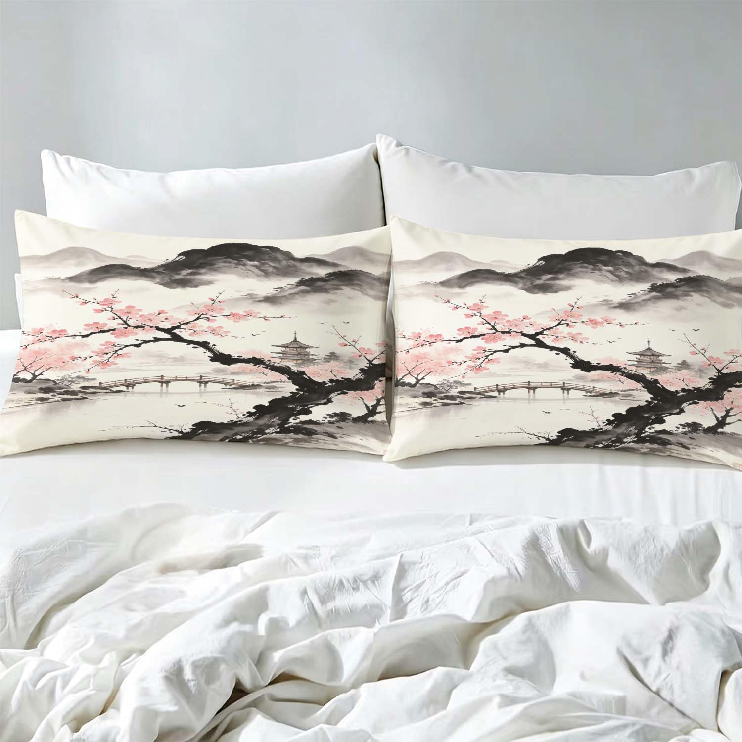 Drap Housse 180x200 cm Peinture à L'encre de Chine 3D Drap-Housse Paysage Chinois Draps Housses Microfibre 2 Personnes avec 2 Taie d'oreillers pour Matelas Épais XCW6538