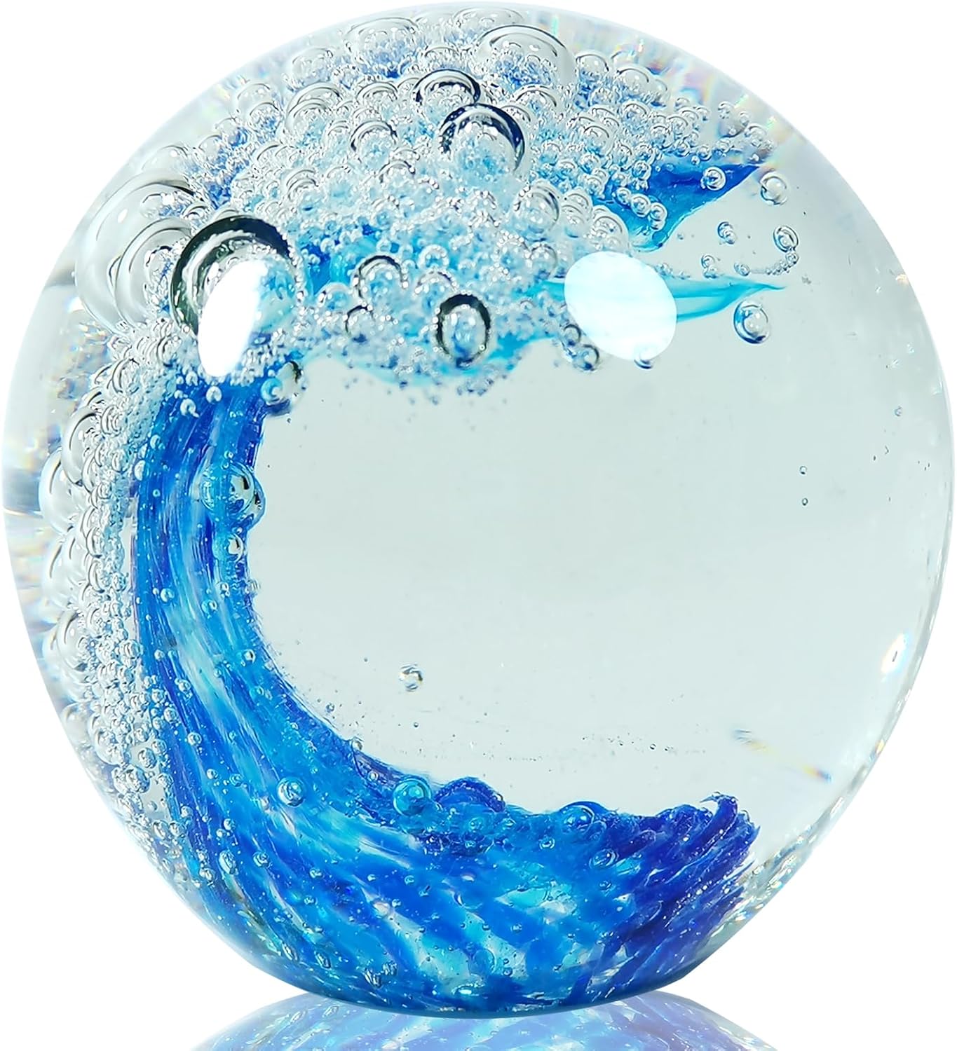 Hand Blown Ocean Wave Glass Paperweight - Blue Sea Glass Art for Beach Home Decor, Unique Gift for Ocean Lovers, Coastal Office Desk & Bathroom Decorations