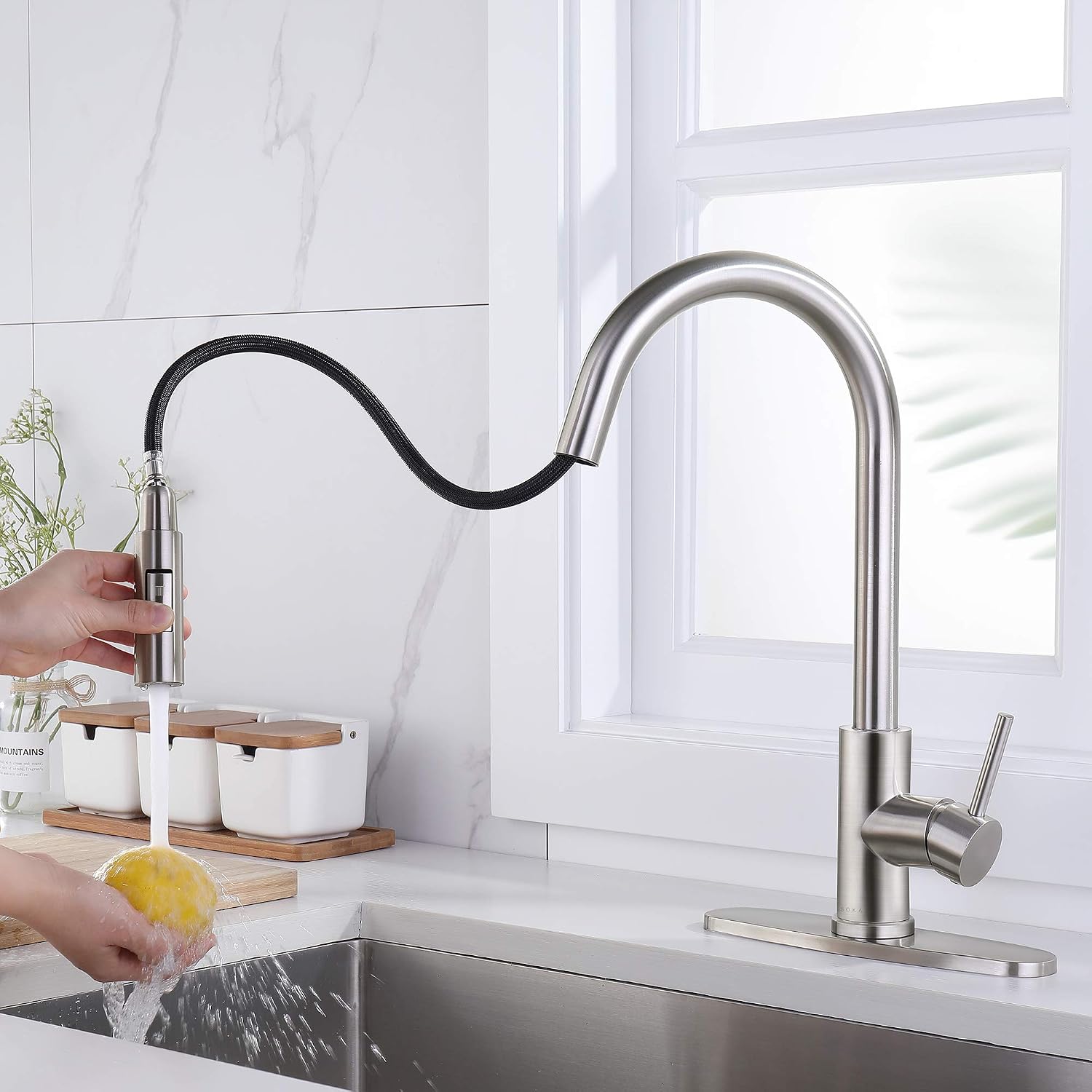 SOKA Commercial Kitchen Faucet with Pull Down Sprayer RV Touch Faucet for Kitchen Sink Singel Handle Travel Trailer Brushed Nickel Kitchen Faucet High Arc Fit for 1 & 3 Hole with Desk Plate