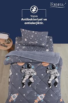 Formeya Tek Kişilik Çarşaflı Astronot Desenli Çift Taraflı Wellsoft Uyku Seti (Yorgan+Çarşaf+Yastık Kılıfı)