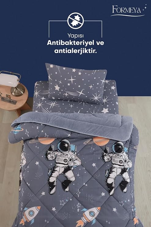 Formeya Tek Kişilik Çarşaflı Astronot Desenli Çift Taraflı Wellsoft Uyku Seti (Yorgan+Çarşaf+Yastık Kılıfı)