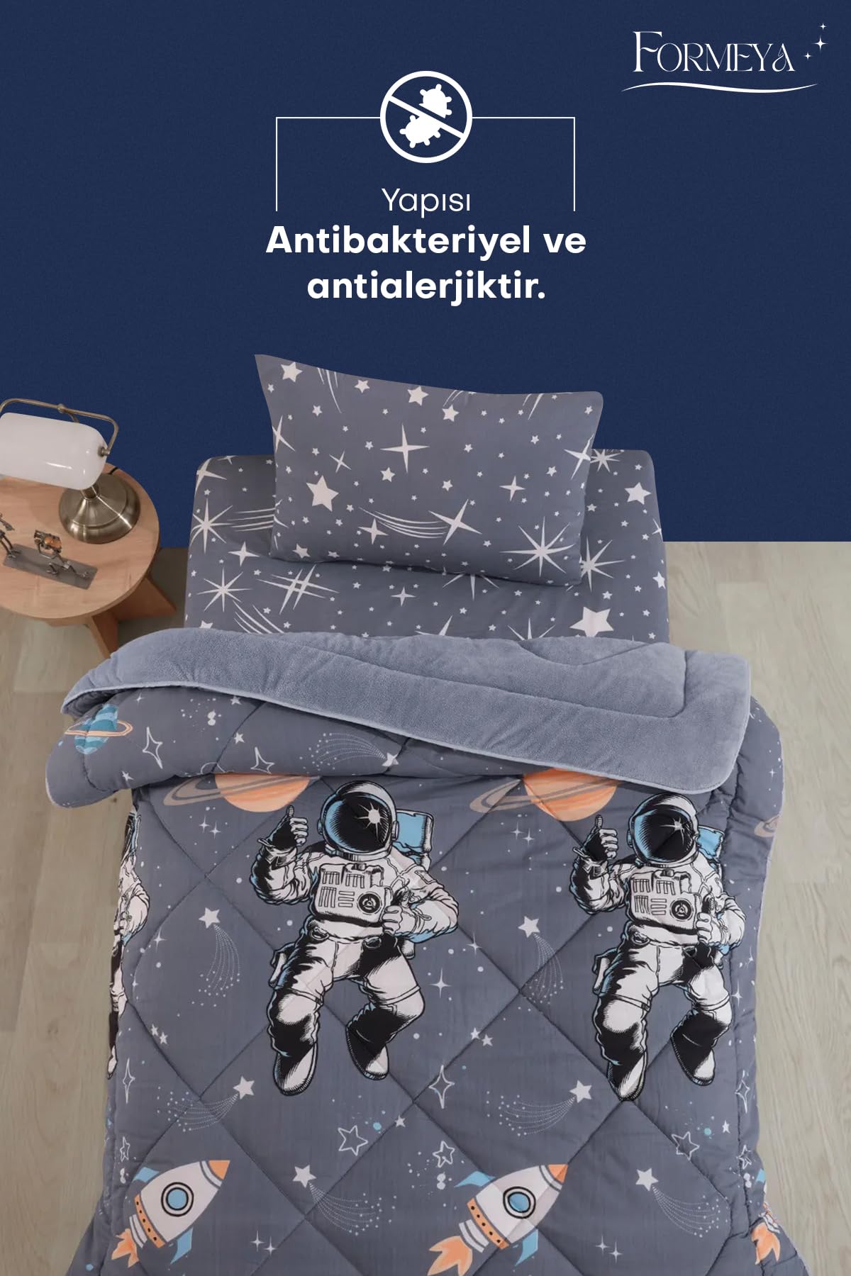 Formeya Tek Kişilik Çarşaflı Astronot Desenli Çift Taraflı Wellsoft Uyku Seti (Yorgan+Çarşaf+Yastık Kılıfı)
