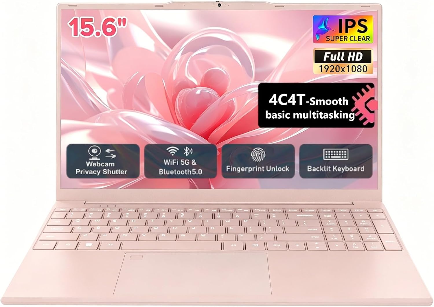 Auusda Lightweight Portable Pink Laptop, 4C4T-Processor, 15.6" FHD IPS, Backlit Keyboard, Privacy Camera, Fingerprint Reader, Win 11 Pro, USB 3.0, HDMI, for Business Work Study, 8GB RAM 128GB NVMe SSD