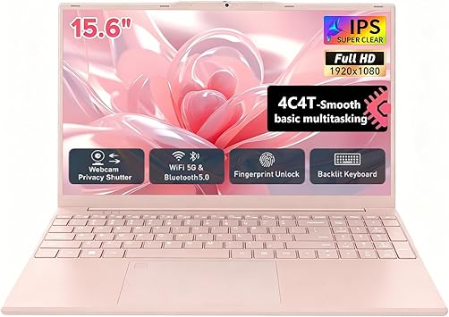 Auusda Lightweight Portable Pink Laptop, 4C4T-Processor, 15.6" FHD IPS, Backlit Keyboard, Privacy Camera, Fingerprint Reader, Win 11 Pro, USB 3.0, HDMI, for Business Work Study, 8GB RAM 128GB NVMe SSD