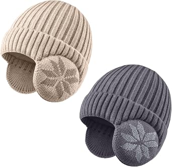 2 Pack Kids Beanie Winter Hat for 3-10 Years Cute Warm Fleece Lined with Ear Flaps for Boys and Girls