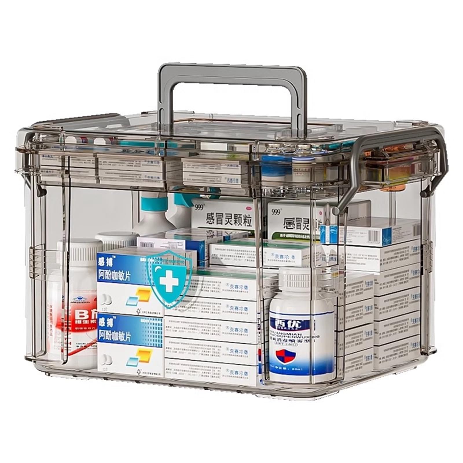Caja Medicamentos, Organizador Medicamentos Portátil 2 Capas con Compartimento Extraíble y Asa, 33.5x 23.5 x 18.5 cm Caja para Medicina de Gran Capacidad