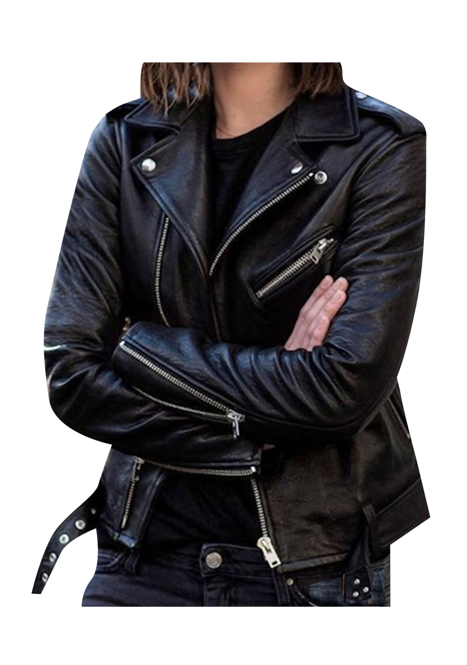 BOFETA Femmes Veste De Moto Courte En Cuir Synthétique Avec Fermeture éclair Manches Longues Style Motard Coupe étroite Grande Taille