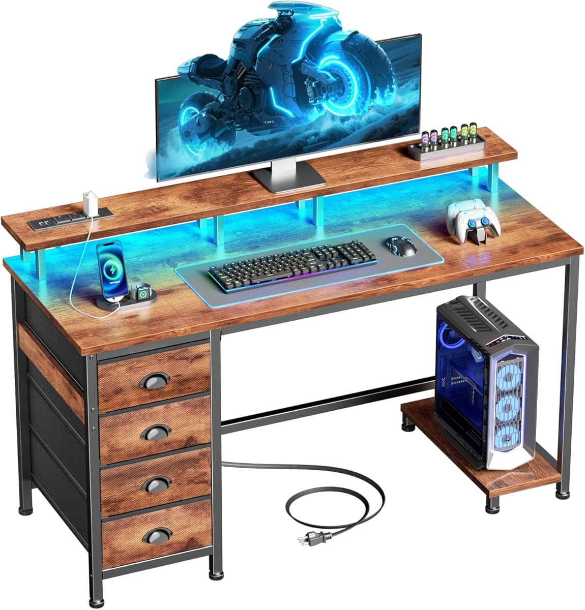 Furologee 47" Computer Desk with 4 Fabric Drawers & Monitor Stand, Gaming Desk with Power Outlets - LED Lights, Home Office Space-Saving Study Table for Bedroom Small Spaces (Rustic Brown)