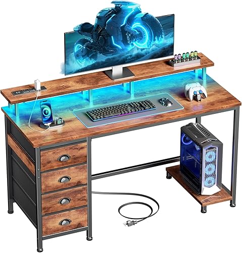 Furologee Escritorio para computadora de 47 pulgadas con 4 cajones de tela y soporte para monitor, escritorio para juegos con tomas de corriente,