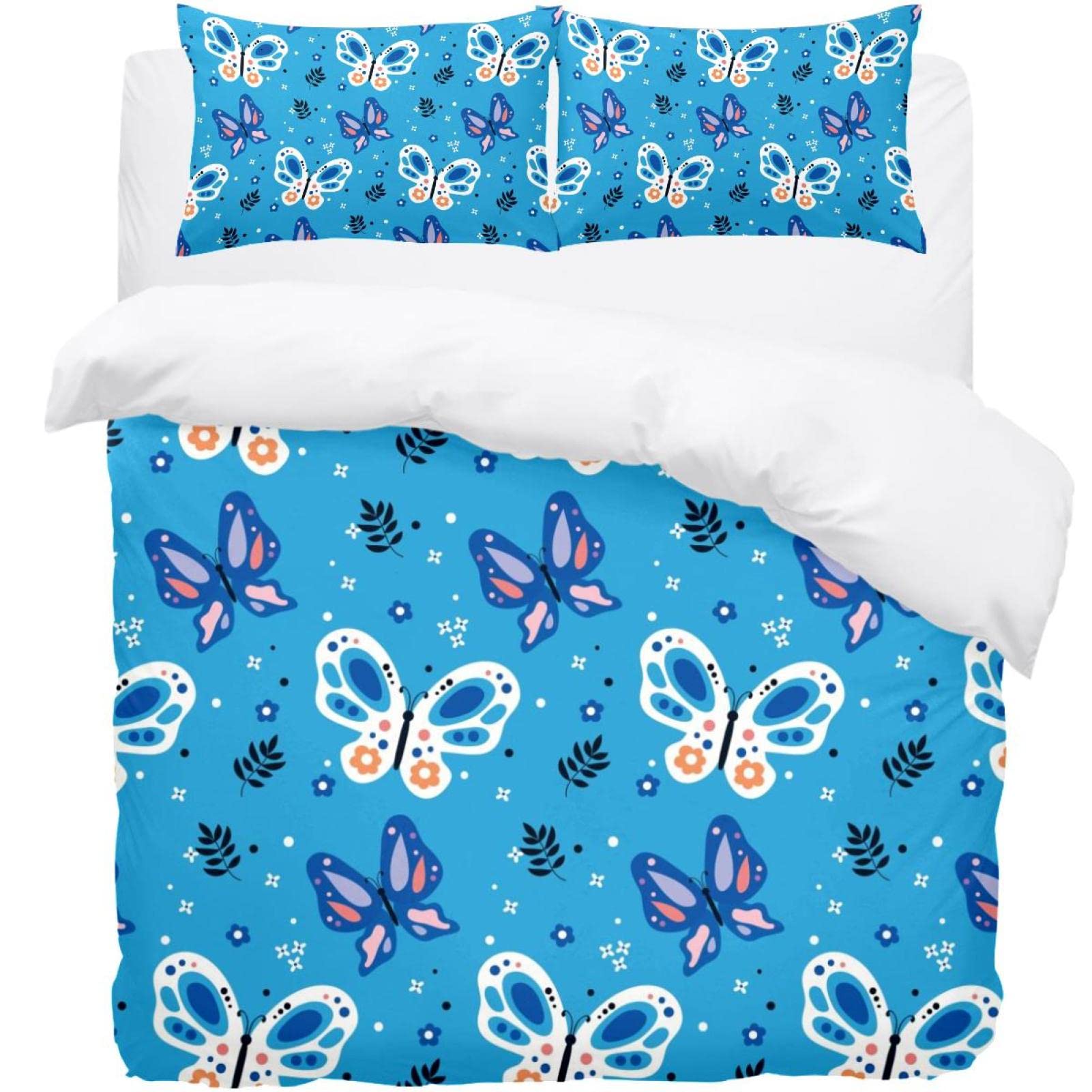 Parure de lit papillon bleu avec housse de couette et taie d'oreiller pour chambre