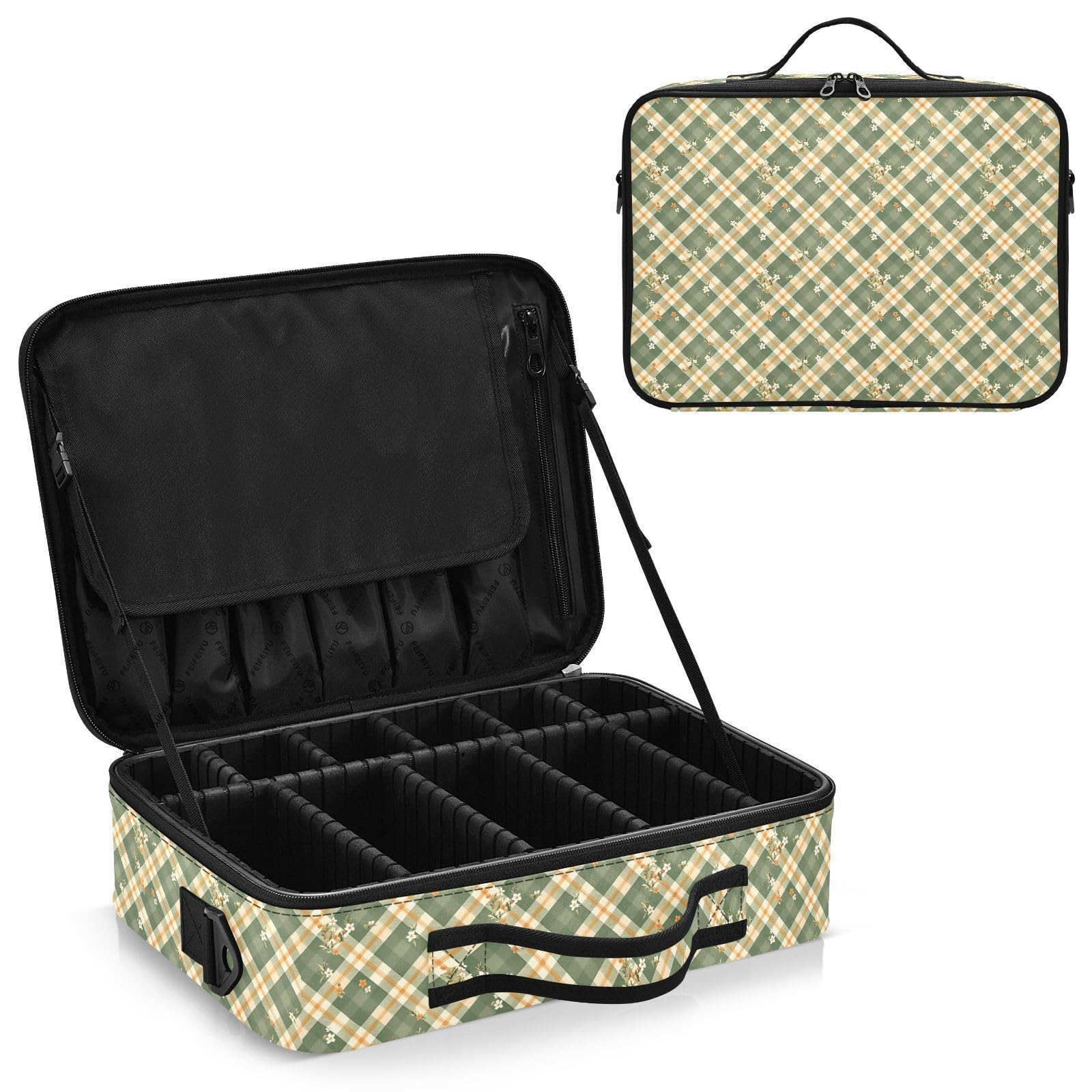 junzan Gingham Large Makeup Organizer Bag Travel Makeup Train Case Flat Make Up Artist Case with Dividers and Adjustable Strap