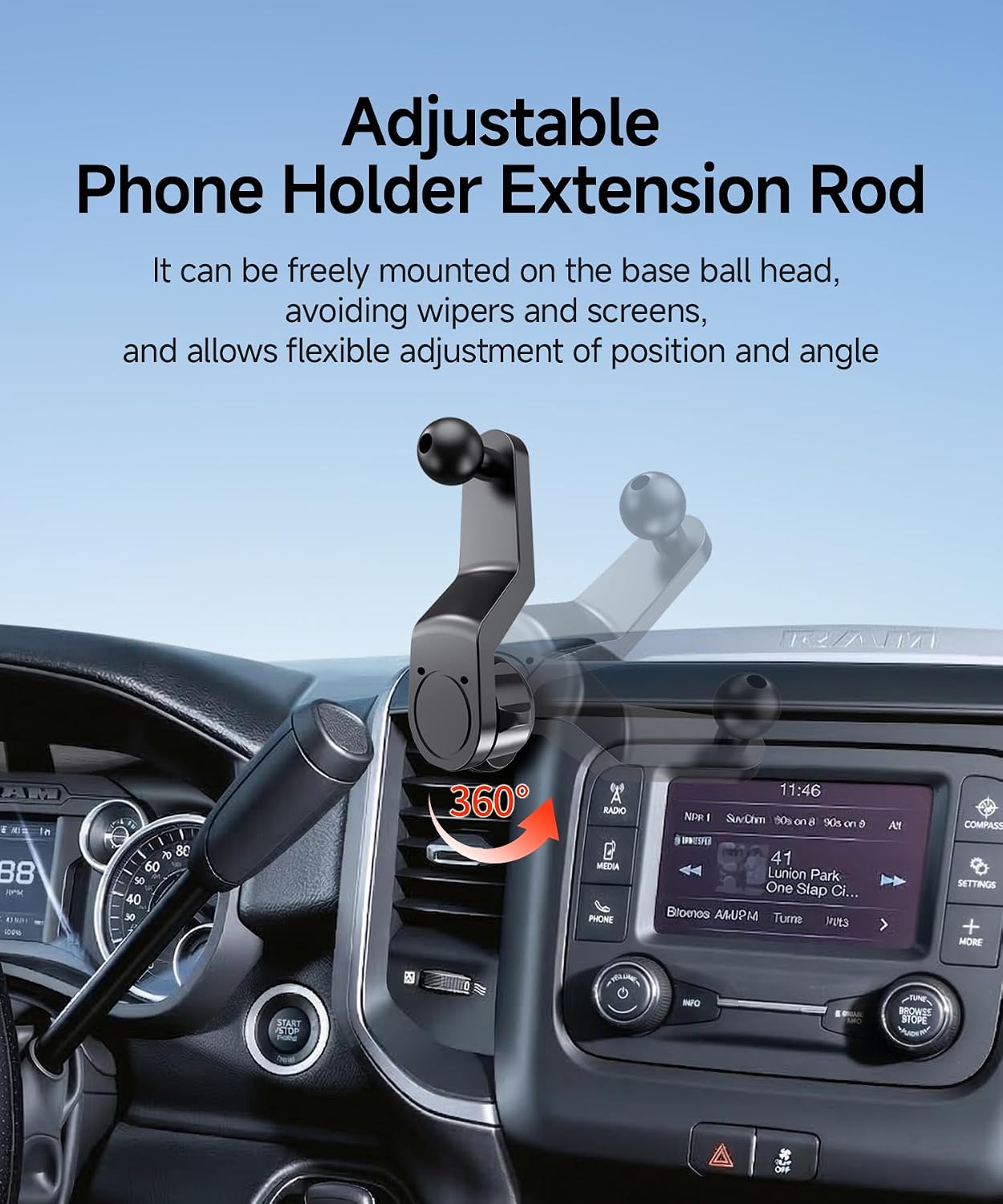 Qi2.2 Max 25W Fast Wireless Car Charger Phone Holder for 2019-2026 Dodge RAM 1500/RAM 2500/RAM 3500 Accessories, 360° Rotation Phone Mount Compatible with MagSafe