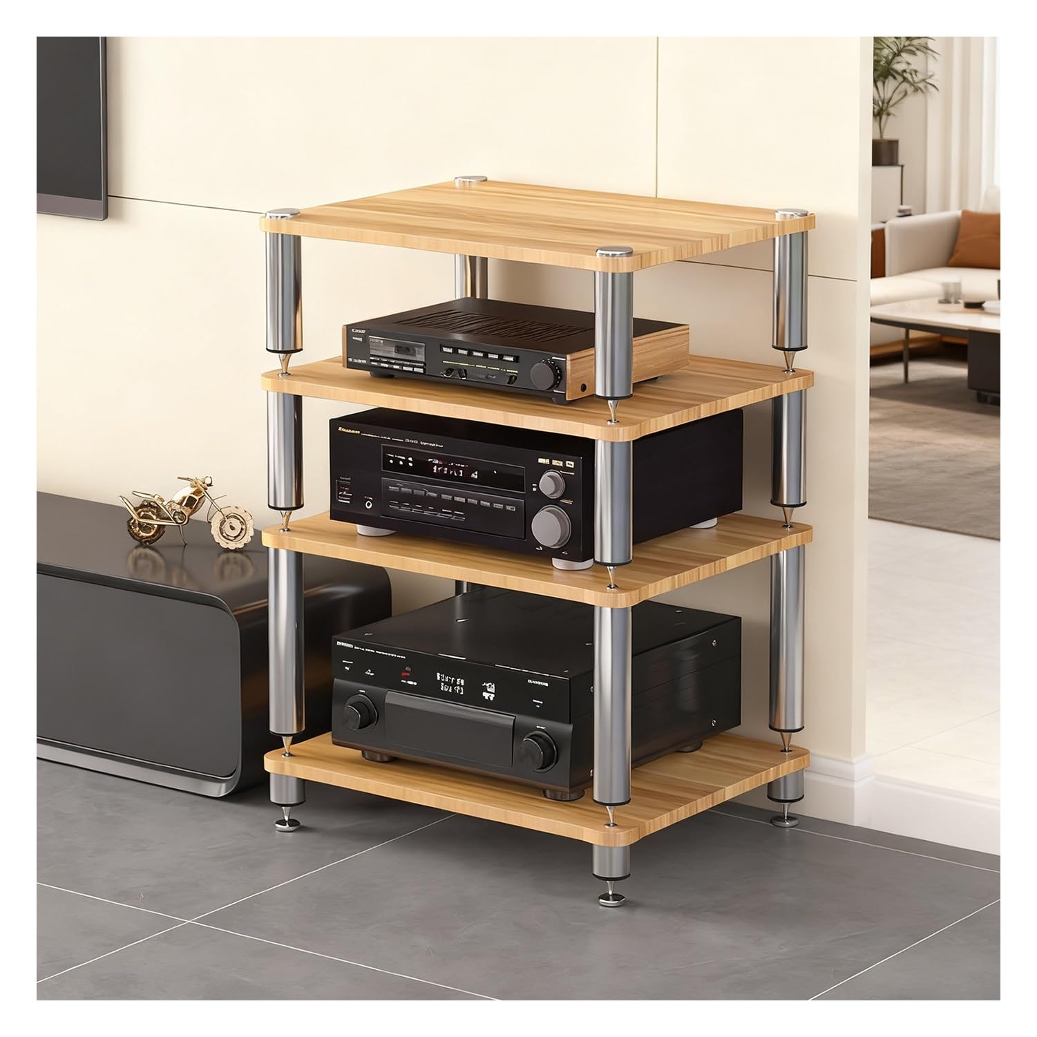 Szafka na sprzęt audio HiFi z amortyzującymi nóżkami, drewnianą półką na gramofon, wzmacniacze, głośniki i nośniki danych (biała, 2 poziomy, wysokość 40 cm) (jasny orzech, 4 poziomy)