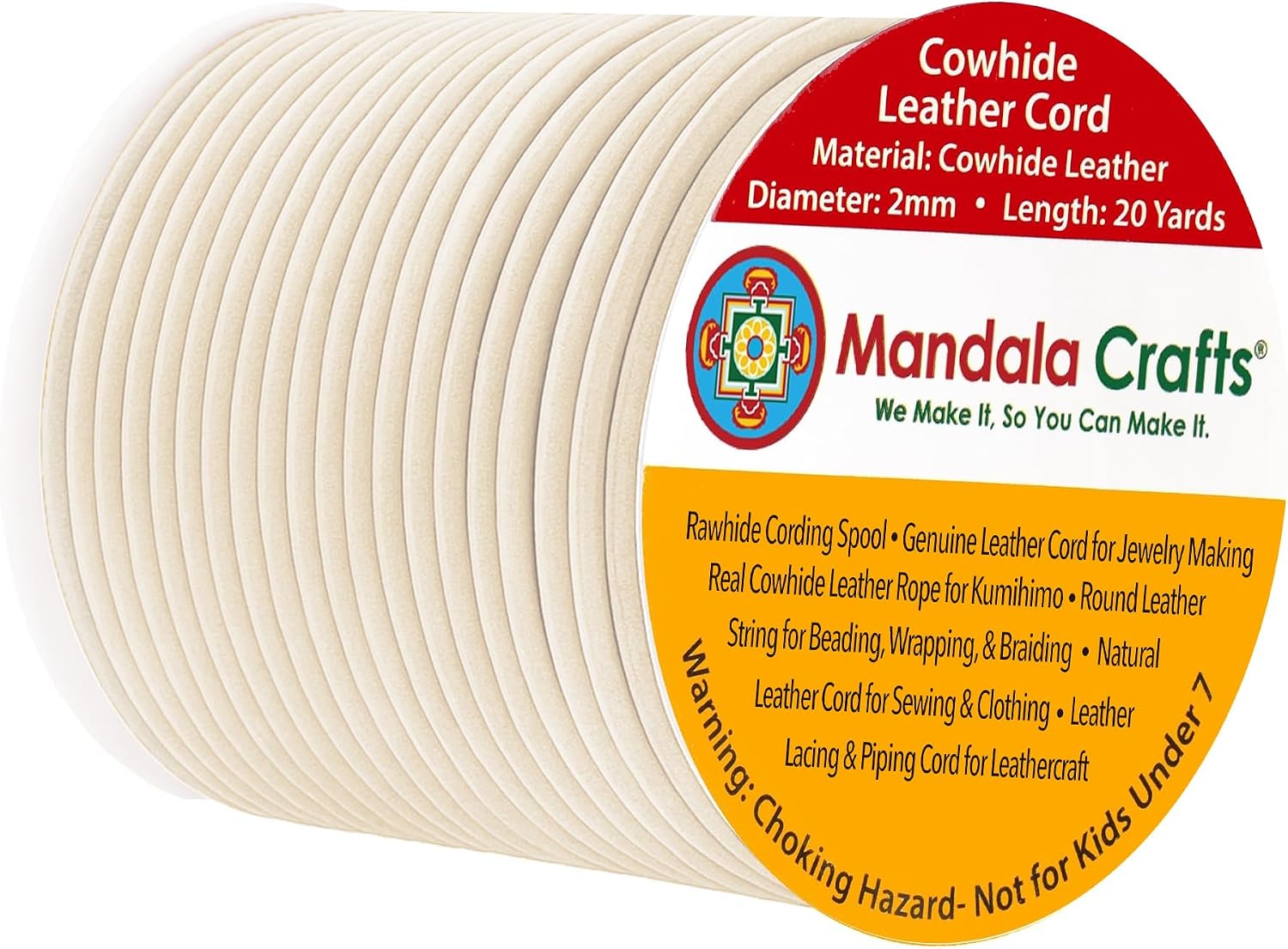 Mandala Crafts Round Genuine Cream Leather Cord for Jewelry Making – 2mm Cowhide Leather Rope String Lace for Kumihimo – 20 Yards Cowhide Craft Cording Spool