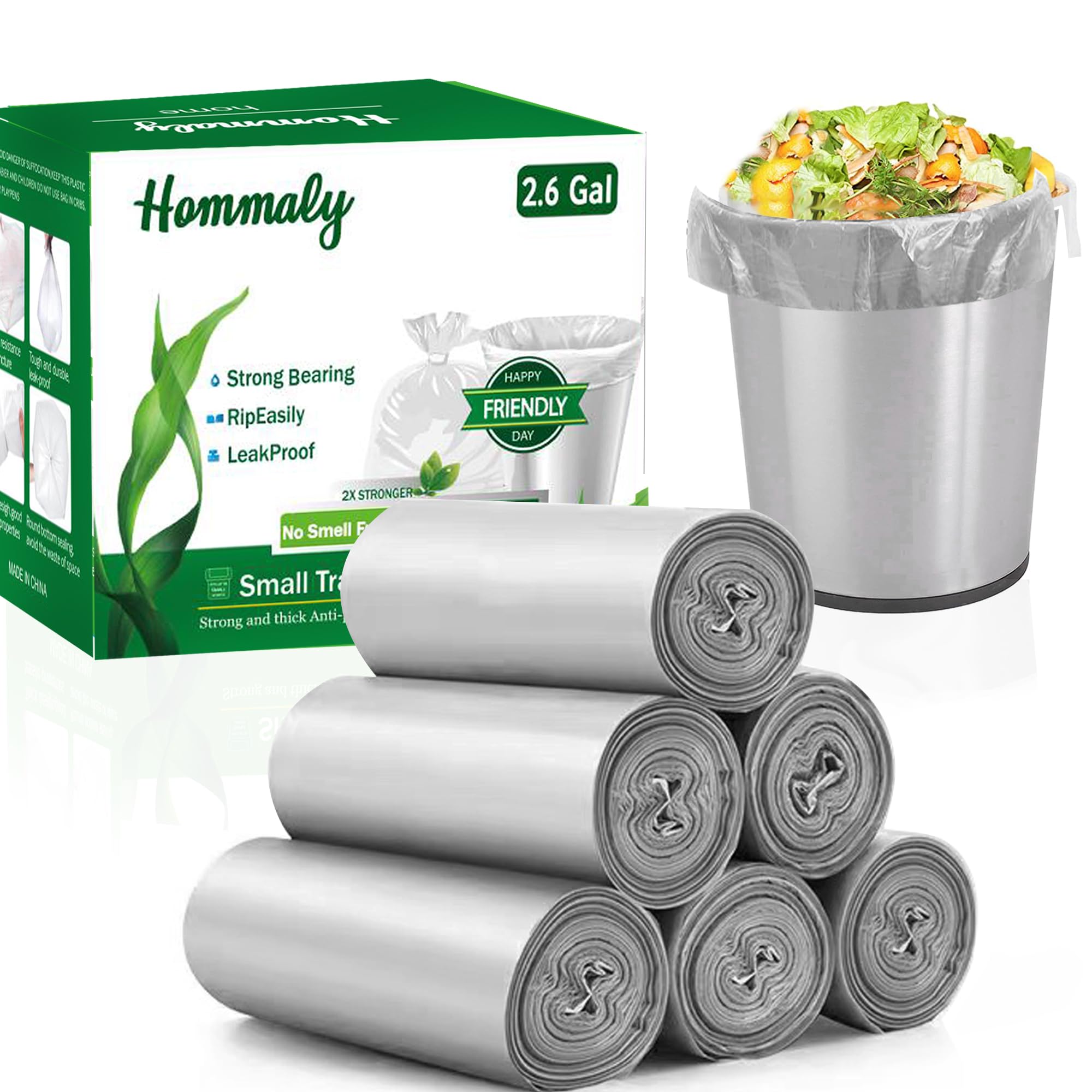 Hommaly 2.6 Gallon 240 pcs Small Silver Gray Trash Bags, Strong Garbage Bags, Bathroom Trash Can Bin Liners Unscented, Mini Grey Plastic Bags for Office, Waste Basket Liner, Fit 6-10 Liters, 2-2.6 Gal
