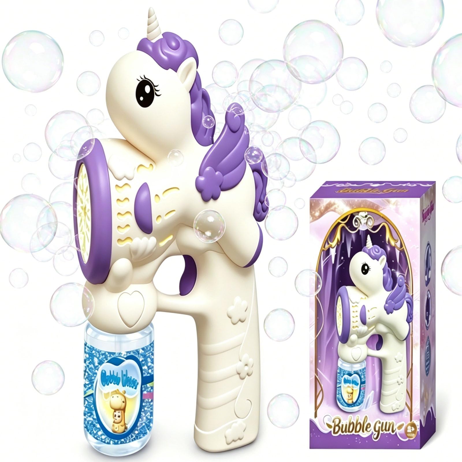 Unicorn Bubble Gun for Kids - Automatic Electric Bubble Machine with 65ml Bubble Solution, Handheld Blower Toy for Outdoor Garden Park Birthday Gift for Girls - Purple