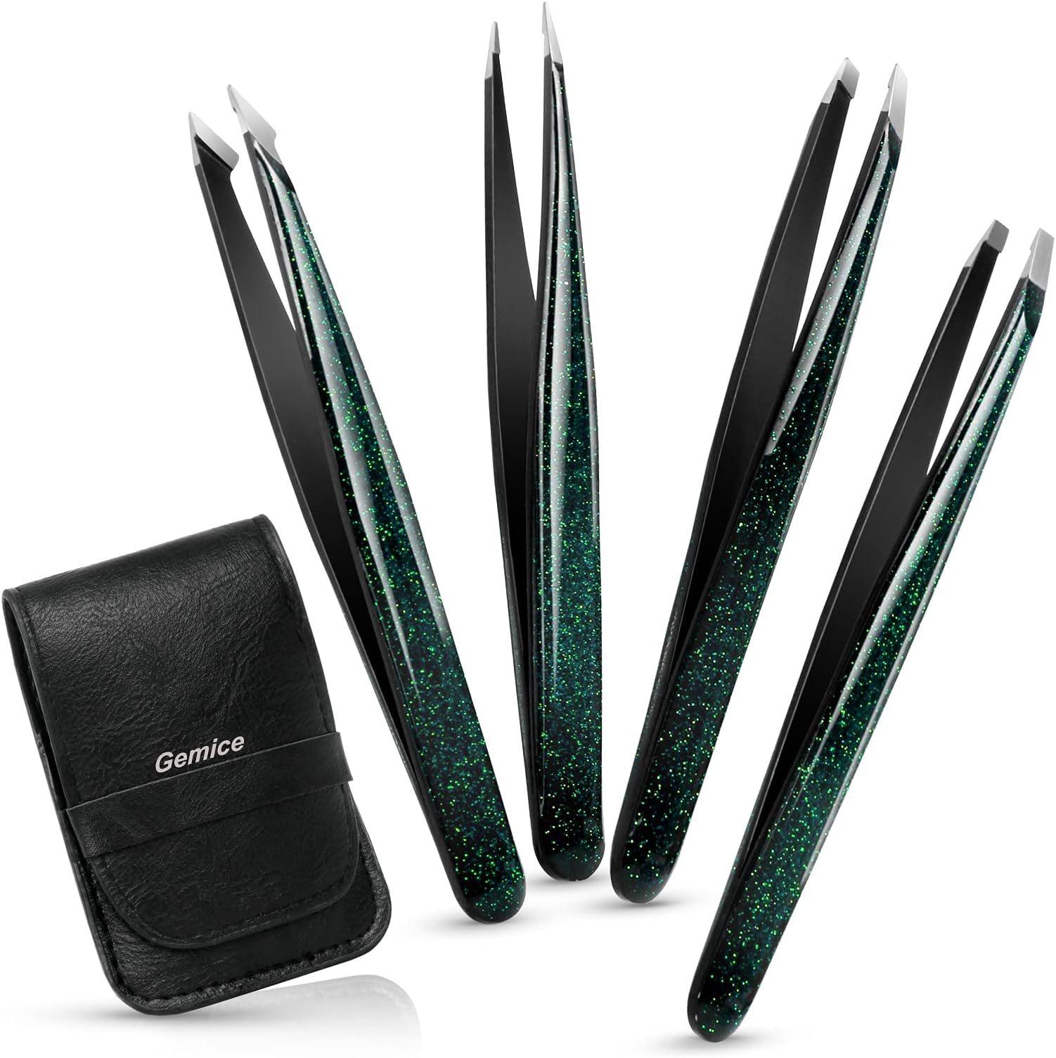 GemiceEyebrow Tweezers Set with Case (4 Pieces) Improved Tip Tweezers Eyebrow Plucking Professional Eyebrow Tweezers with Non-Slip Coating Slicker Tweezers