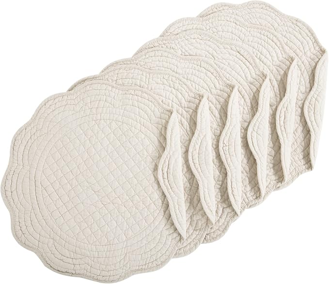 HOMBYS Quilted Placemats Set of 6 Washable Round Placemats for Kitchen Table-100% Cotton Fabric 13 Inch Round Table Mats, Cotton Fabric with Microfiber Filling, (13"x13", Flax)