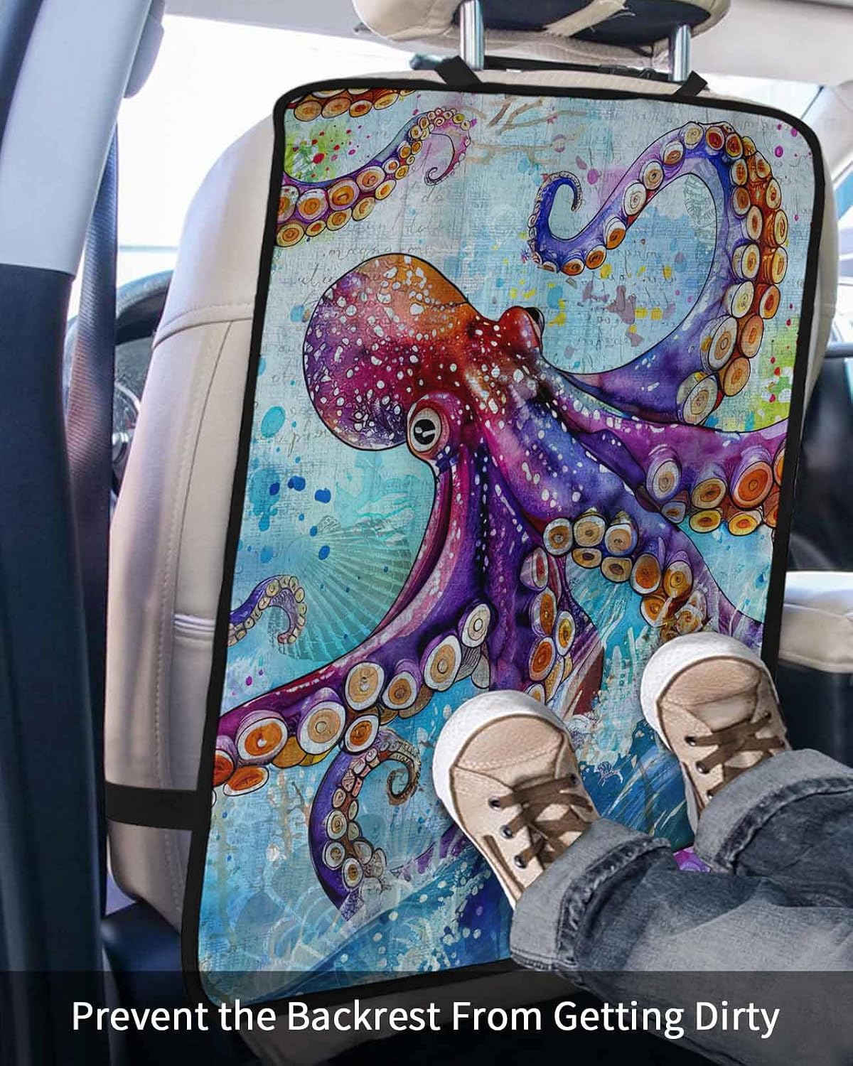 T&H XHome Car Seat Protector, 2 Pack Kick Mats Back Seat Protector Watercolor Summer Ocean Octopus Blue Waterproof Backseat Cover for Kids Universal Fit Automotive Interior Protectors