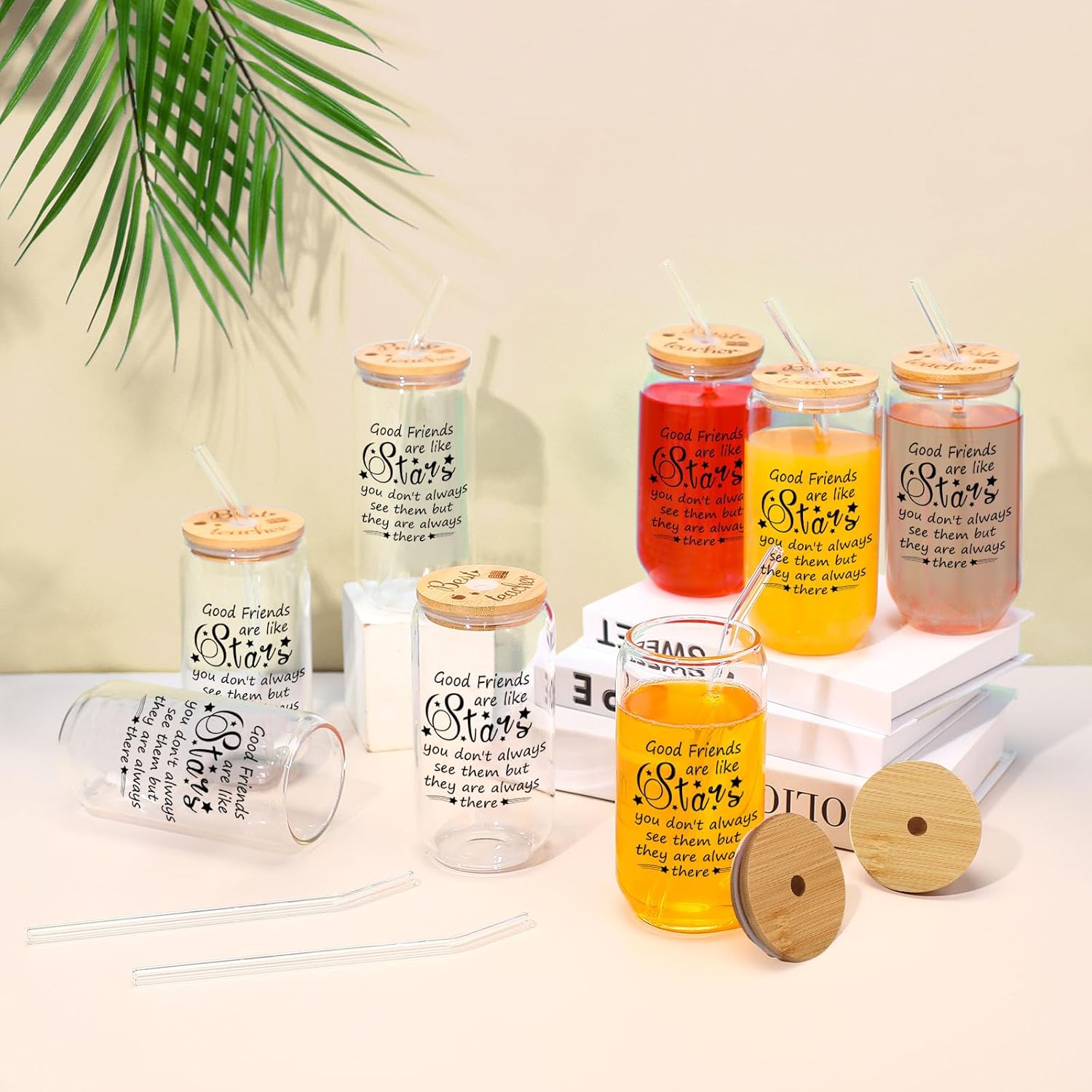 10 Set Friendsgiving Glass Cups, 16 oz Female Friendship Cup Gifts with Lids and Straw Glass, Christmas Birthday Mason Can Ice Coffee Tumbler Gifts for Friends Bestie Boy Girl(Stars)