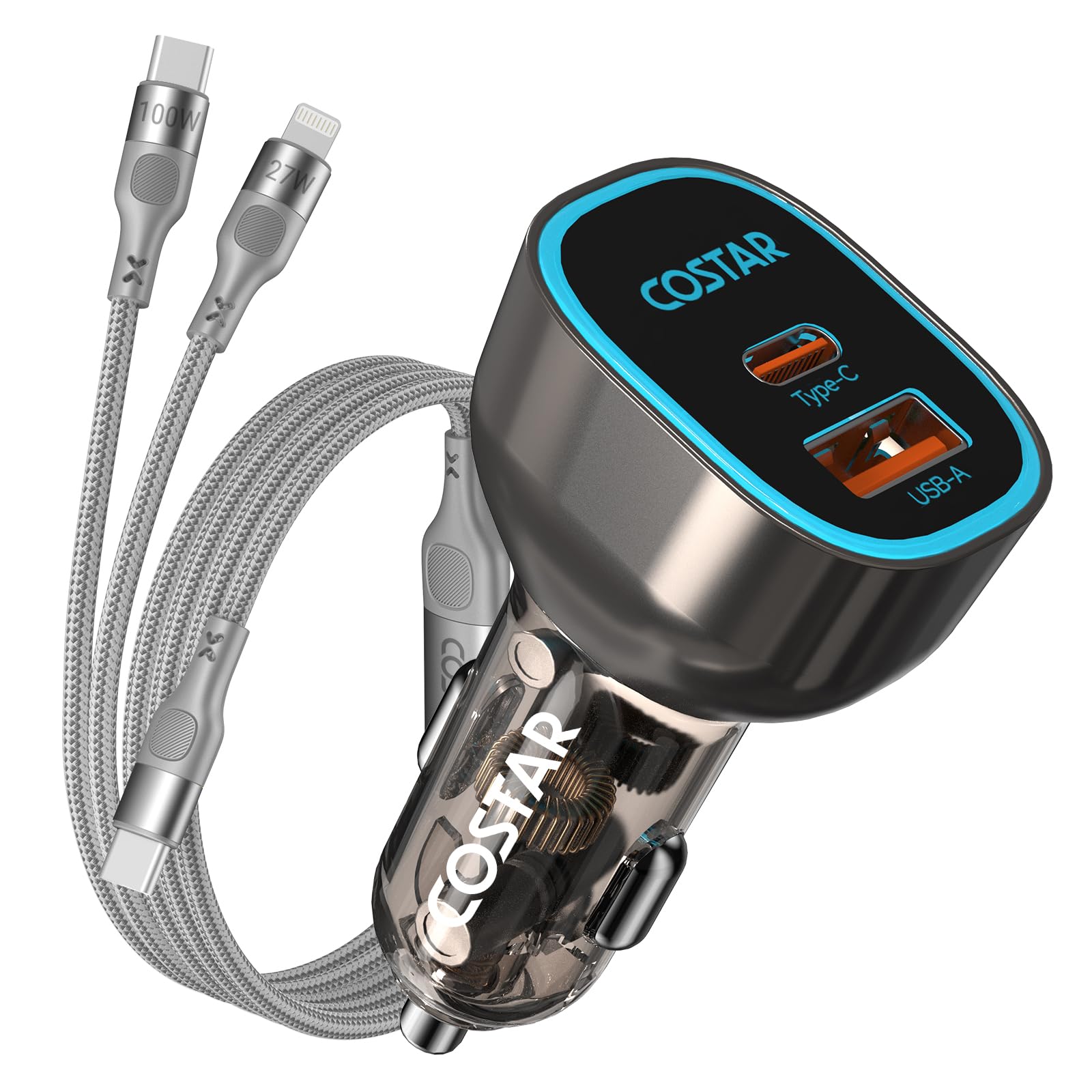 COSTAR 95W Car Charger Fast Charging for Laptop with Dual Ports, Type-C QC 65W+ USB PD 30W, Compatible with Laptop, Tablets, Mobile and Others, Car Mobile Charger with 65W Type-C Fast Charging Cable