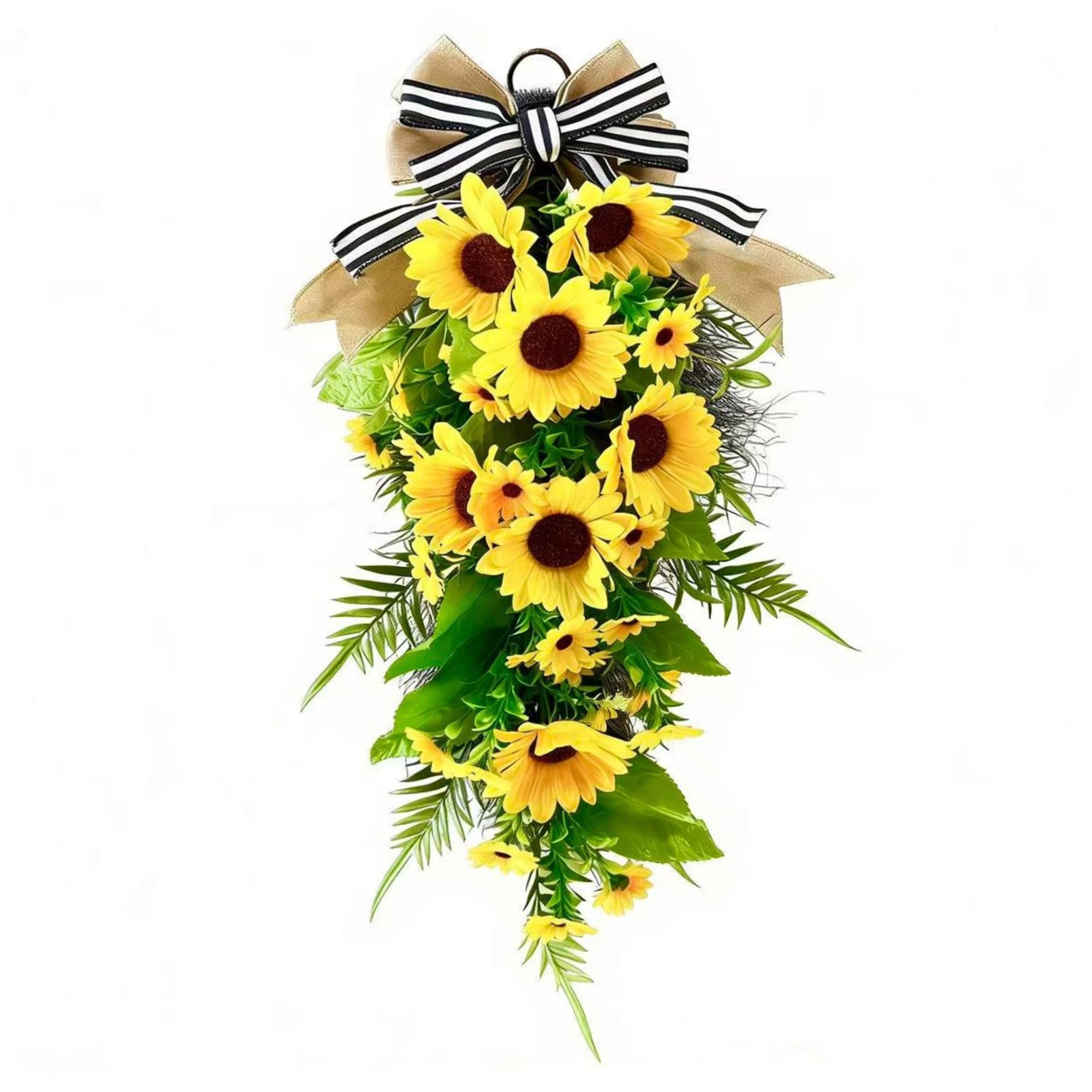 Ameble Sunflower Wreath for Front Door, 24 Inch Teardrop Wreath with Burlap Bow, Vibrant Yellow Spring and Summer Floral Hanging Decor for Porch and Indoor