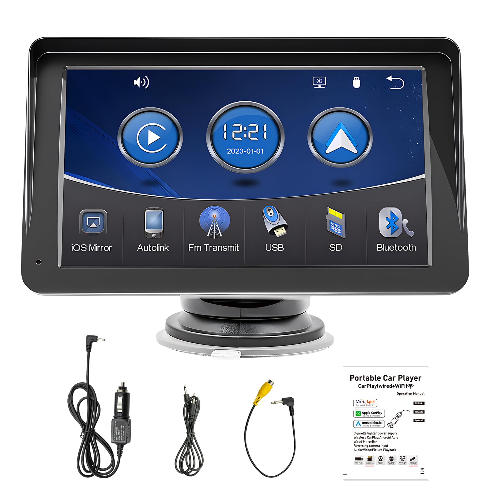 Portable Wireless Touch Apple CarPlay Screen and Android Auto Player Car Display 7 Inch Wireless Car Stereo with Mirror Link/Siri/Bluetooth/Voice Control/Navigation Screen Supports Most Car Models