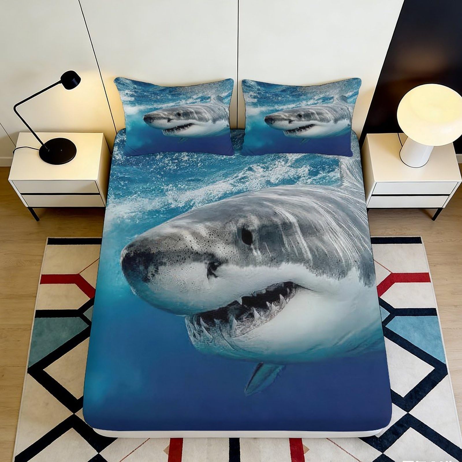 3D Printed Shark Fitted Sheet Microfiber Deep Pocket Non-Slip Bedding Shark Mattress Fitted Cover Washable for Bedroom 160x200x25cm
