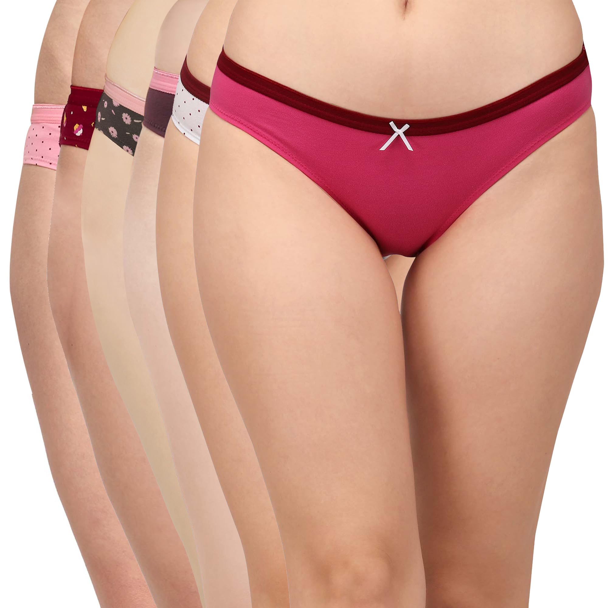SOIE Women's Mid Rise Medium Coverage Solid and Printed Cotton Stretch Brief Panty (Pack of 6)