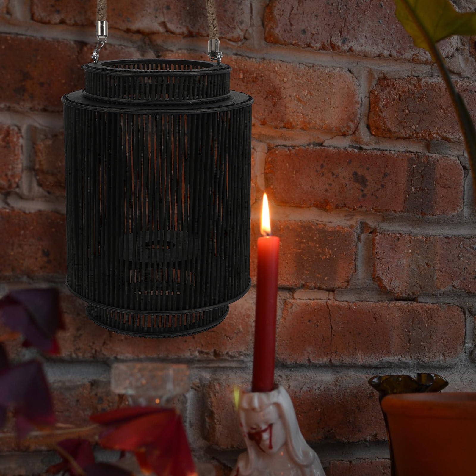 Farol Decorativo Negro de Ratán y Madera para Mesa o Estante
