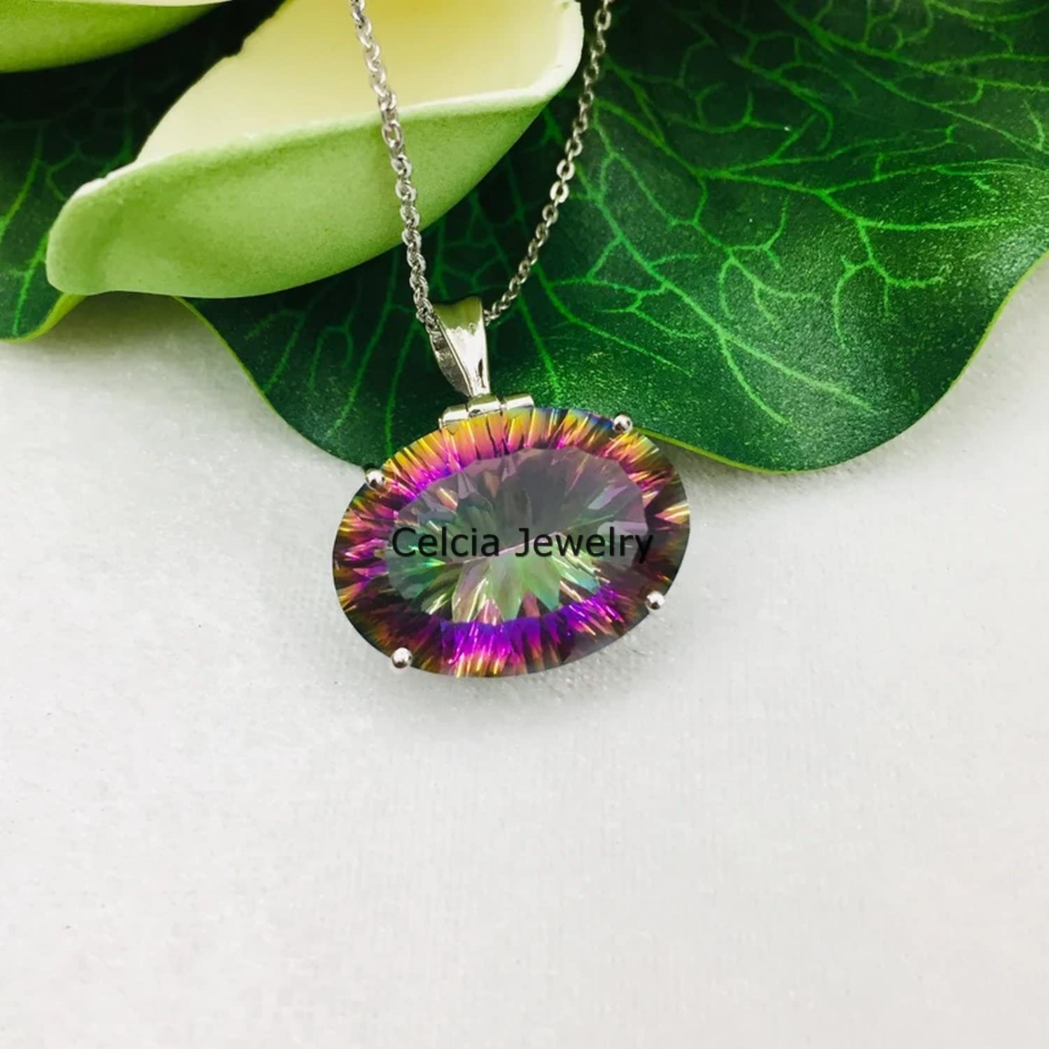Collar de plata de ley 925 auténtica para mujer, collar hecho a mano único con piedras preciosas ovaladas facetadas de topacio místico genuino para ella