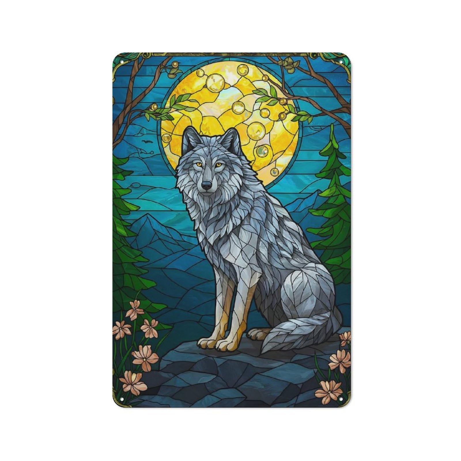 Classic Stained Glass Wolf Under Moonlight Tin Sign 30x20cm, Classic Pub Decor for Cafe, Pub, Workshop Or Home Bar, Small Accent for Blank Walls