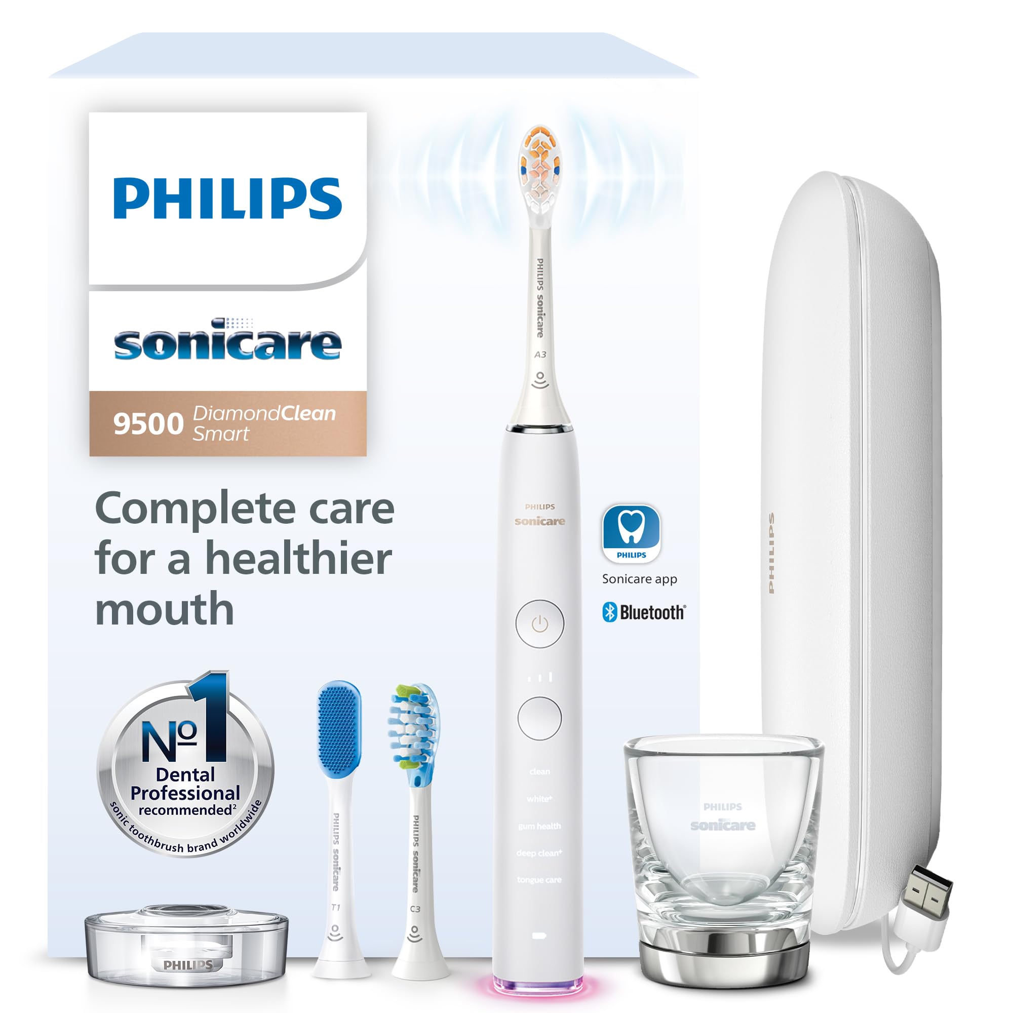 Photo 1 of Philips Sonicare DiamondClean Smart 9500 Electric Toothbrush - Sonic Toothbrush with App, Pressure Sensor, 15 Brushing Settings, Replacement Reminder, USB Charging Travel Case, White, Model HX9923/01